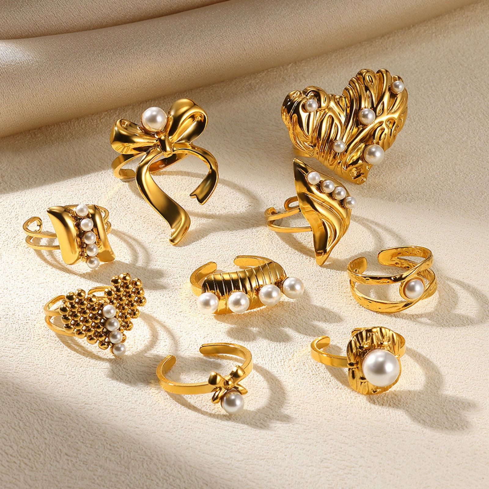 Imagen de 1 Unidad Elegante Exquisito 304 Acero Inoxidable Abierto Corazón Nudo Mariposa Imitación de perla Anillos Para Mujeres