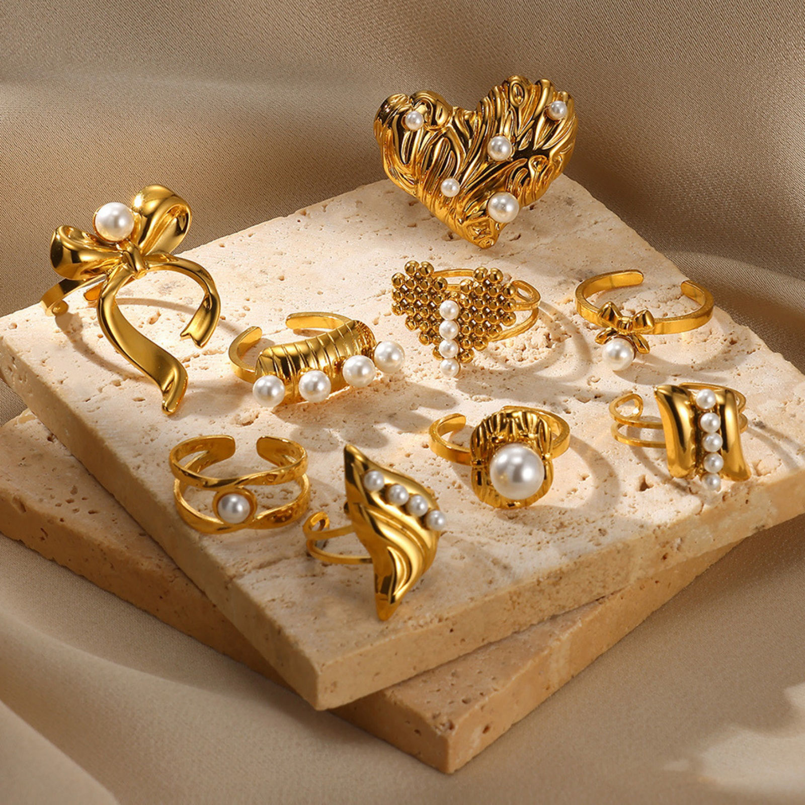 Imagen de 1 Unidad Elegante Exquisito 304 Acero Inoxidable Abierto Corazón Nudo Mariposa Imitación de perla Anillos Para Mujeres