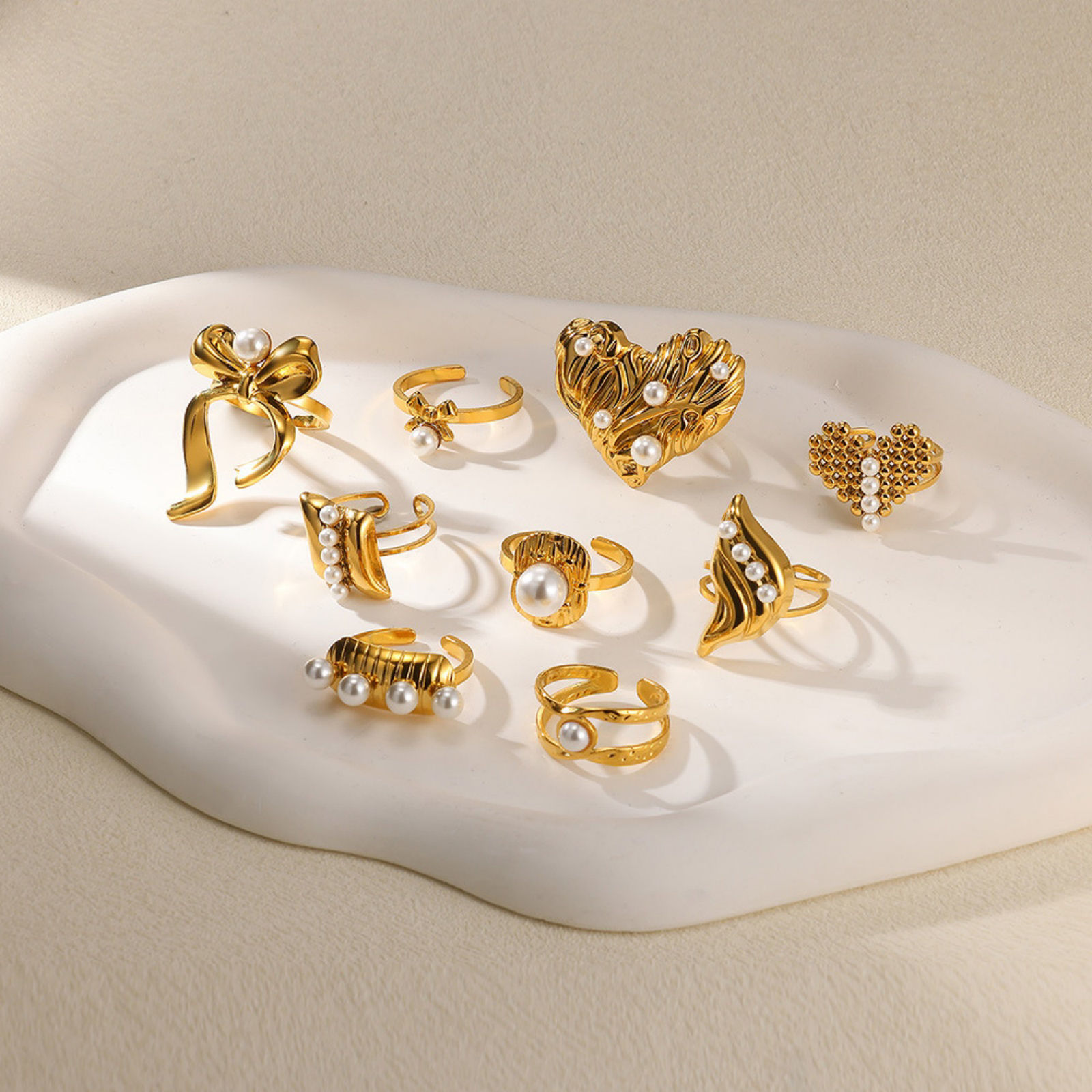 Imagen de 1 Unidad Elegante Exquisito 304 Acero Inoxidable Abierto Corazón Nudo Mariposa Imitación de perla Anillos Para Mujeres