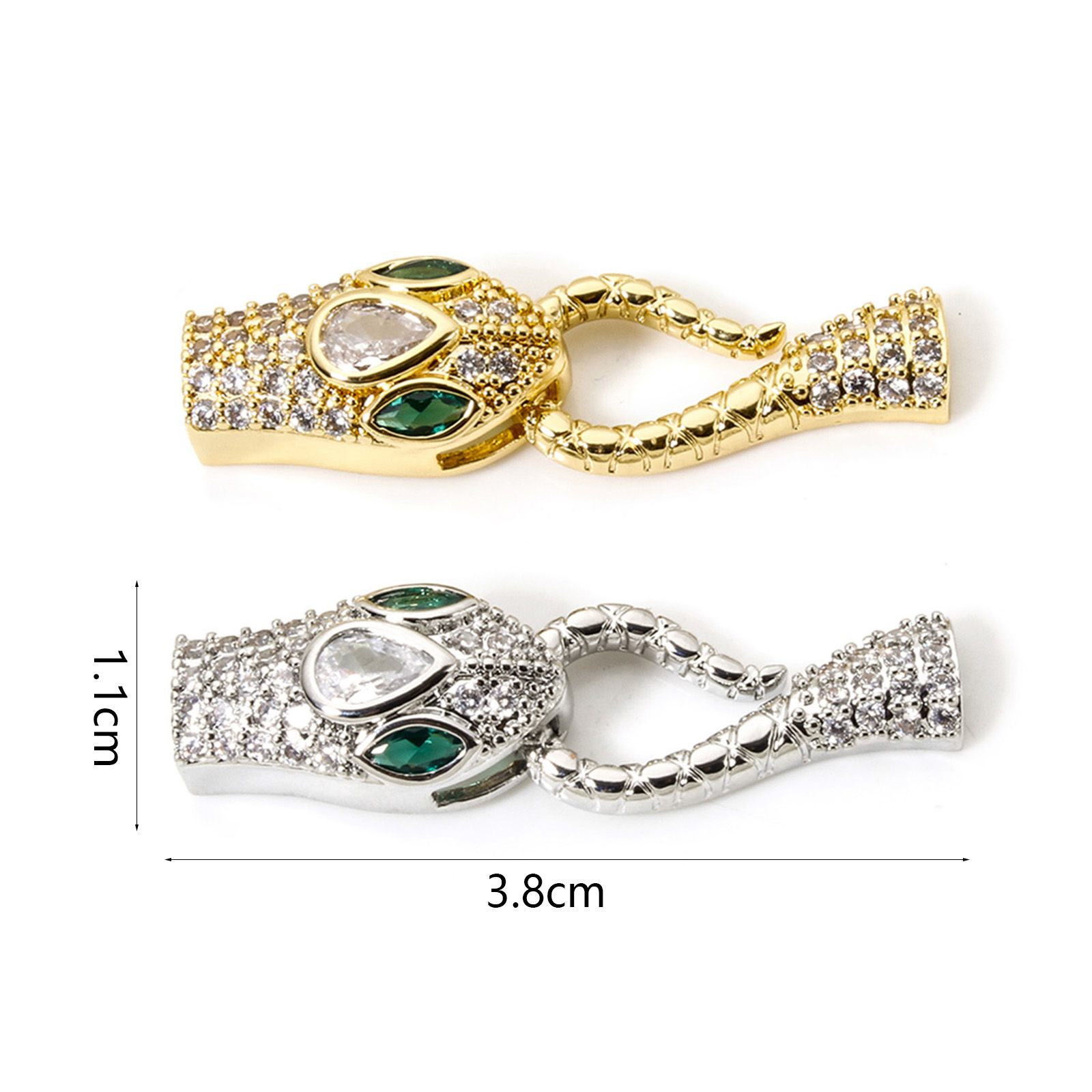 Picture of Eco-friendly Brass Hook Clasps Snake Animal Real Gold Plated Clear Cubic Zirconia 38mm x 11mm