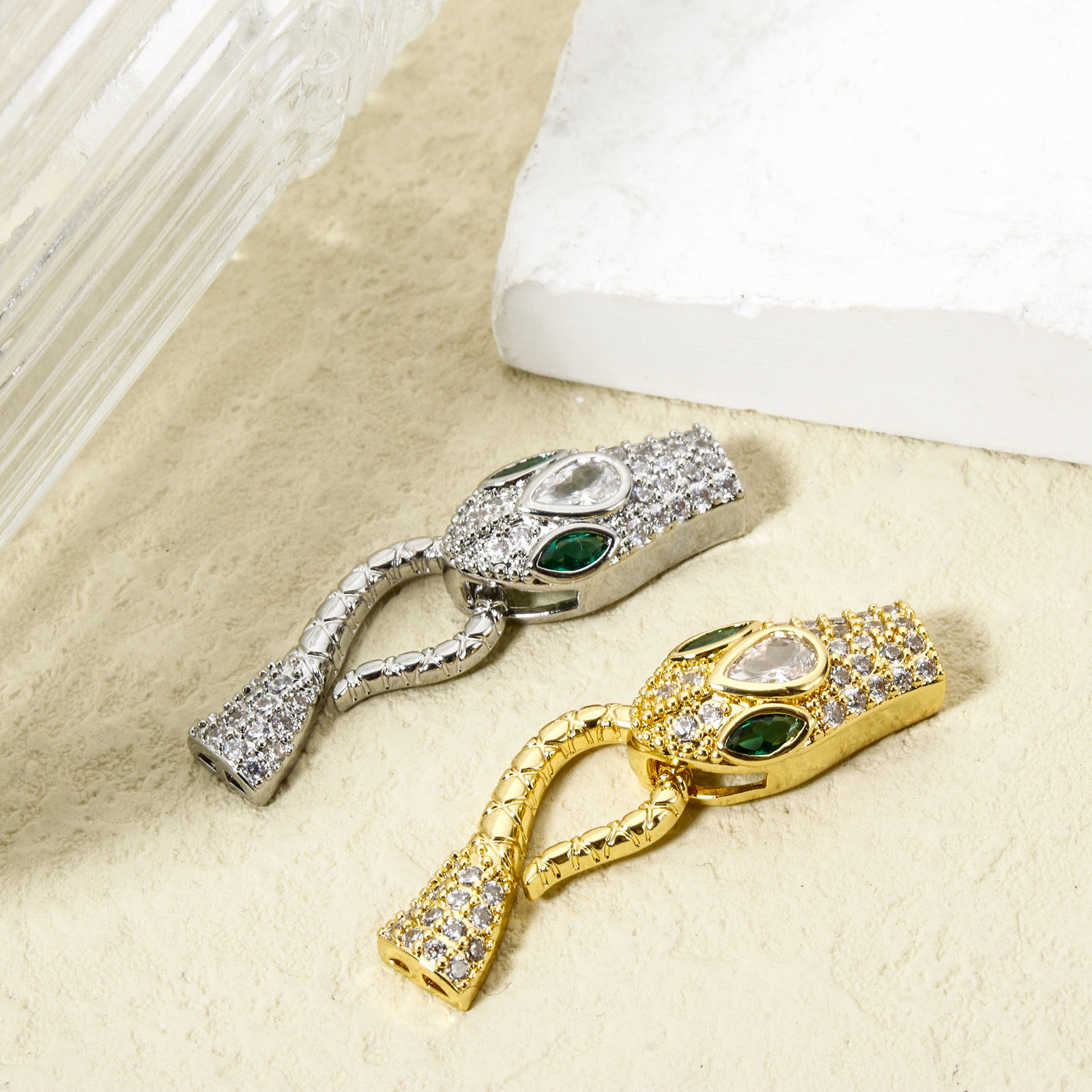 Picture of Eco-friendly Brass Hook Clasps Snake Animal Real Gold Plated Clear Cubic Zirconia 38mm x 11mm