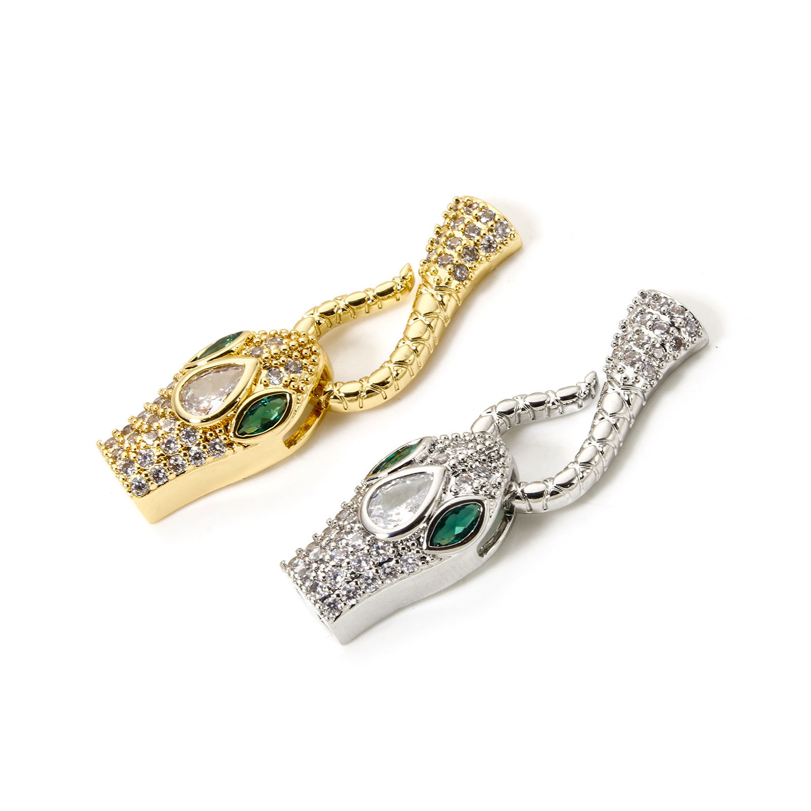 Picture of Eco-friendly Brass Hook Clasps Snake Animal Real Gold Plated Clear Cubic Zirconia 38mm x 11mm