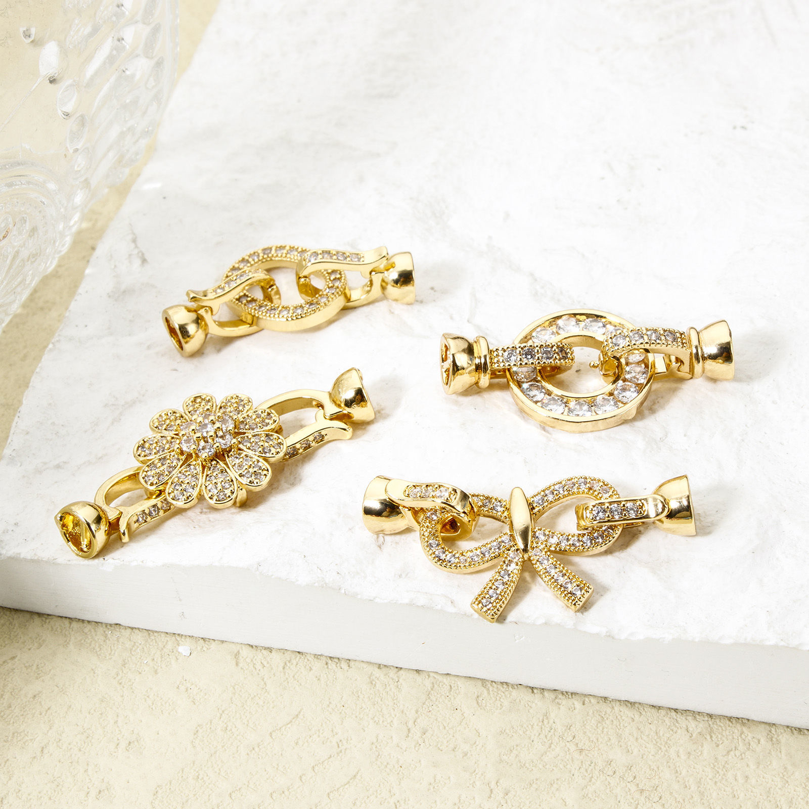 Picture of Brass Fold Over Clasps Bowknot Flower 18K Gold Plated Clear Cubic Zirconia