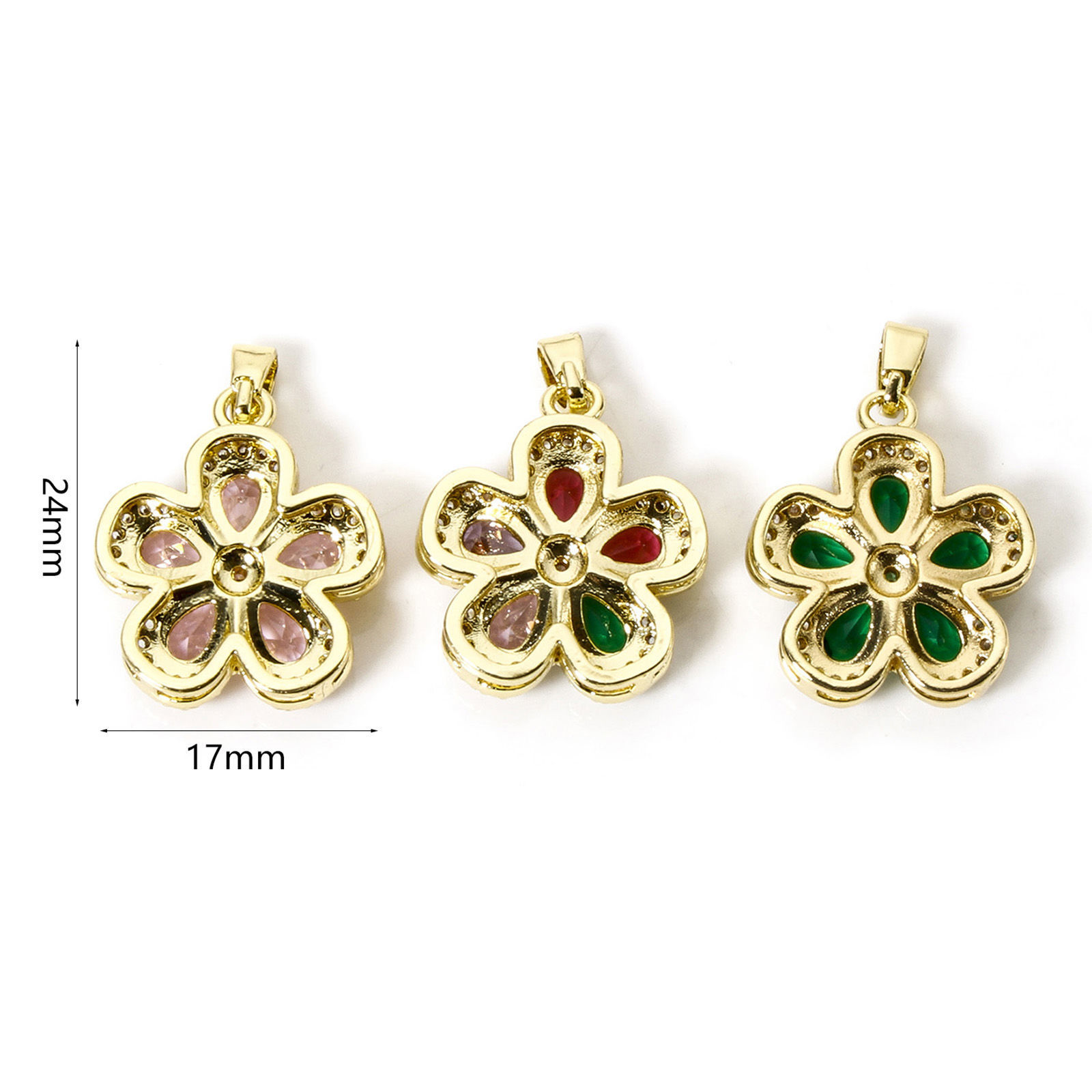 1 個 エコフレンドリー 真鍮 チャーム ペンダント 18Kリアルゴールドメッキ 多色 フラワー クリア ジルコン 24mm x 17mm、 の画像