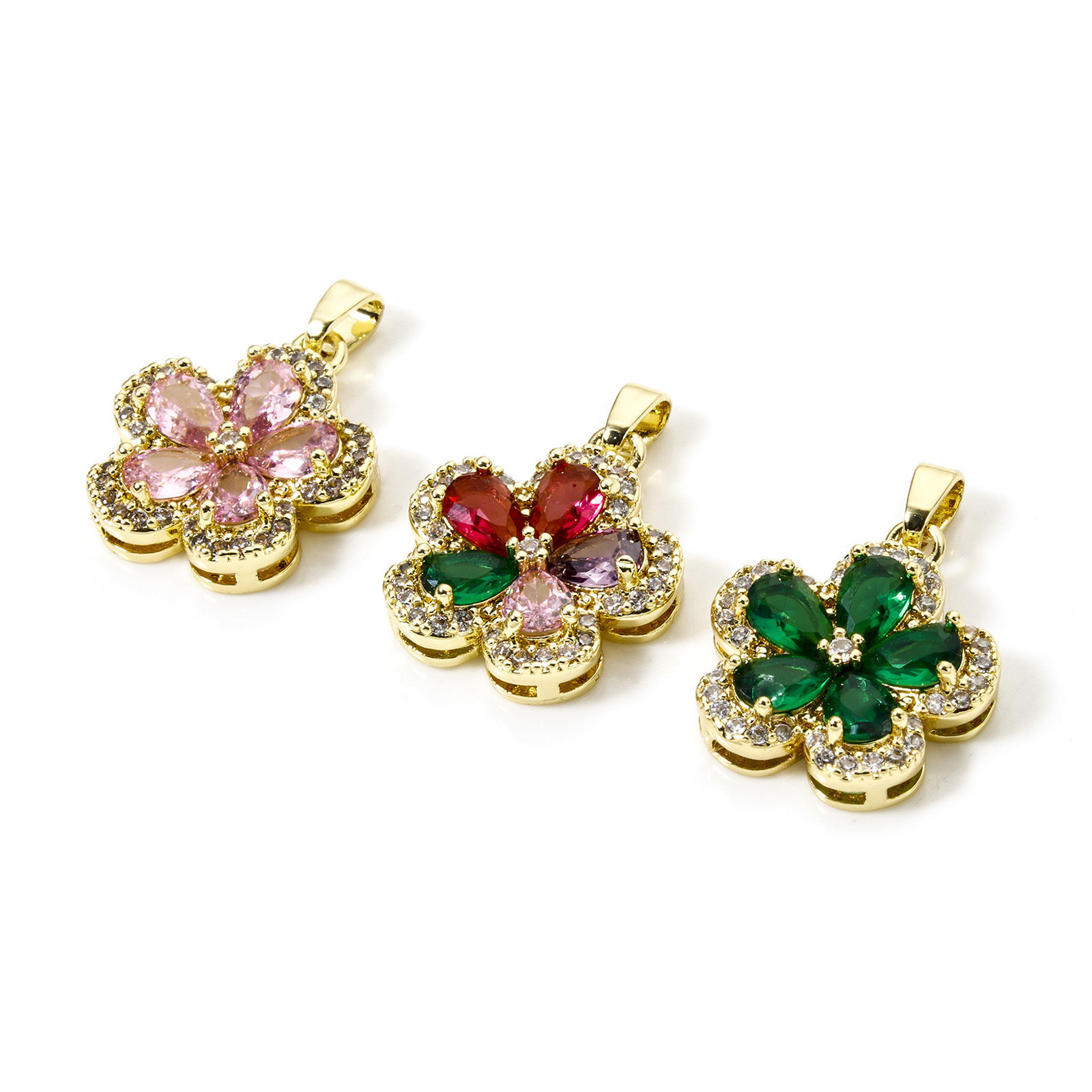 1 個 エコフレンドリー 真鍮 チャーム ペンダント 18Kリアルゴールドメッキ 多色 フラワー クリア ジルコン 24mm x 17mm、 の画像
