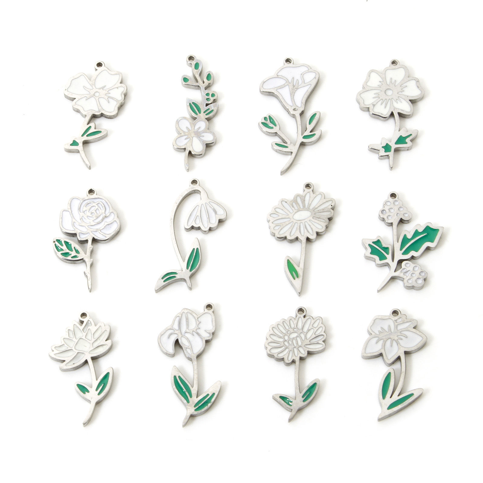 Image de 1 Pièce Breloques en 304 Acier Inoxydable Placage Sous Vide Écologique Fleur de Mois de Naissance Blanc & Vert Émail