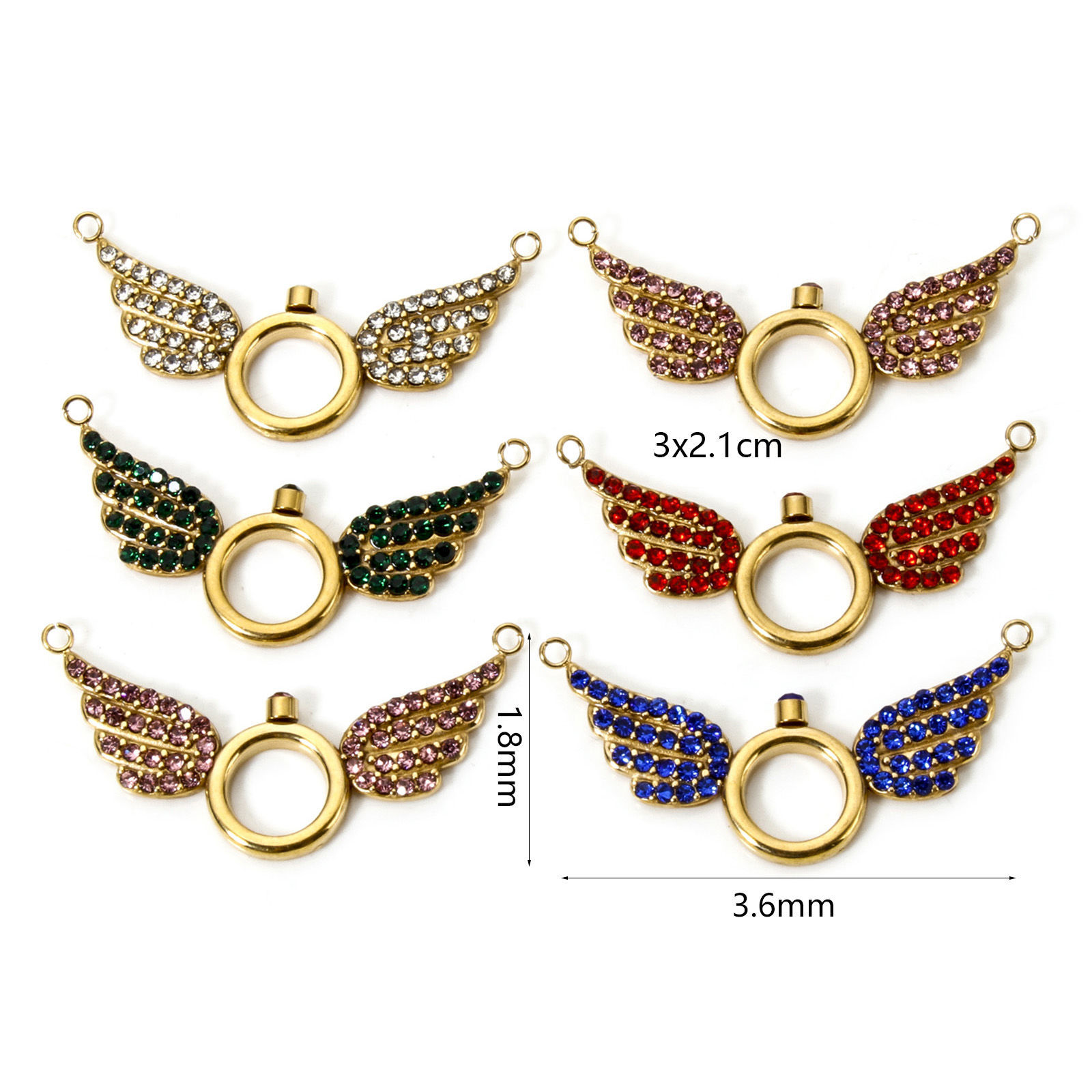 Imagen de 1 Unidad Enchapado al Vacío Ecológico 304 Acero Inoxidable Conectores Dijes Colgantes Ala Chapado en Oro de 18K Micro Pave Multicolor Rhinestone 3.6cm x 1.8cm