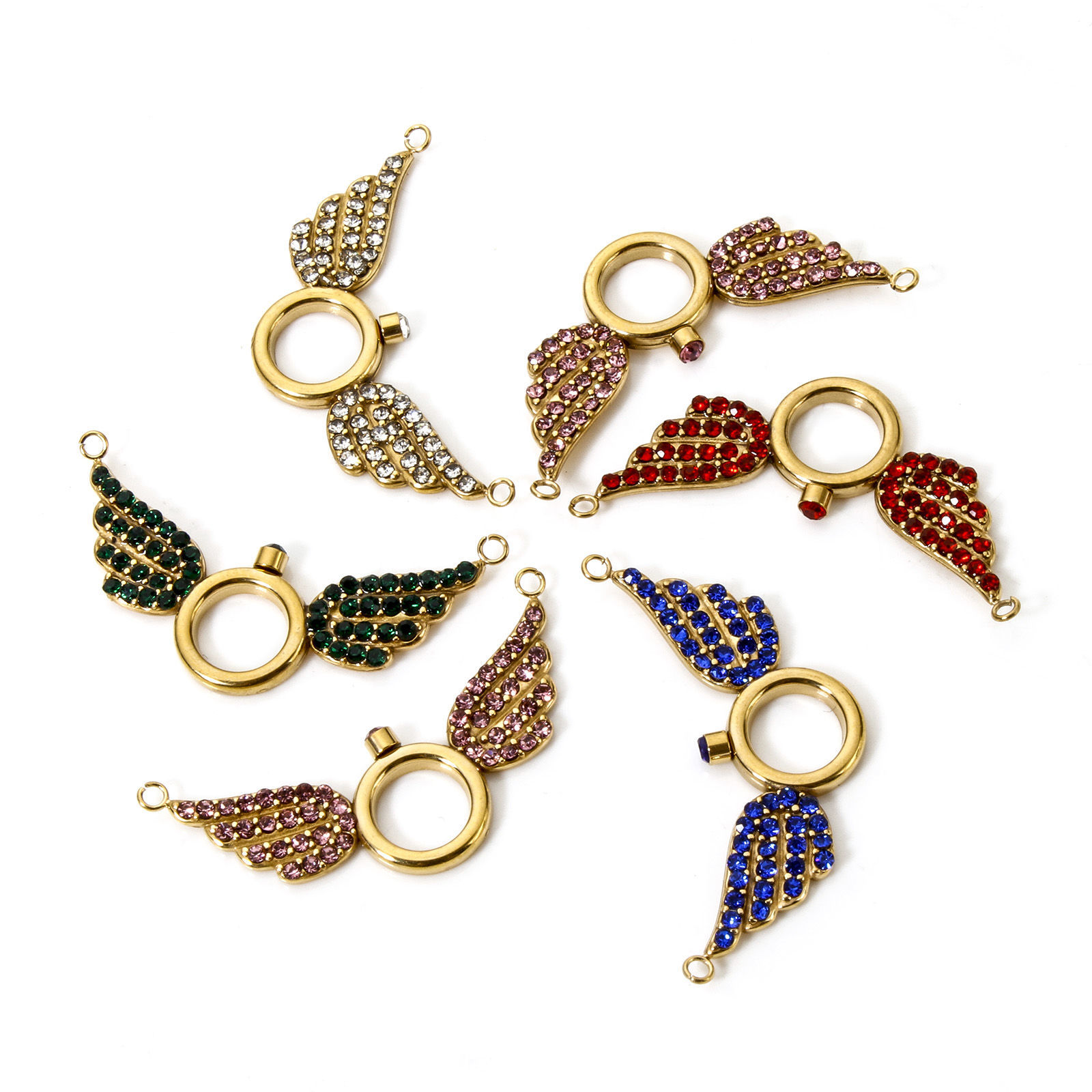Imagen de 1 Unidad Enchapado al Vacío Ecológico 304 Acero Inoxidable Conectores Dijes Colgantes Ala Chapado en Oro de 18K Micro Pave Multicolor Rhinestone 3.6cm x 1.8cm