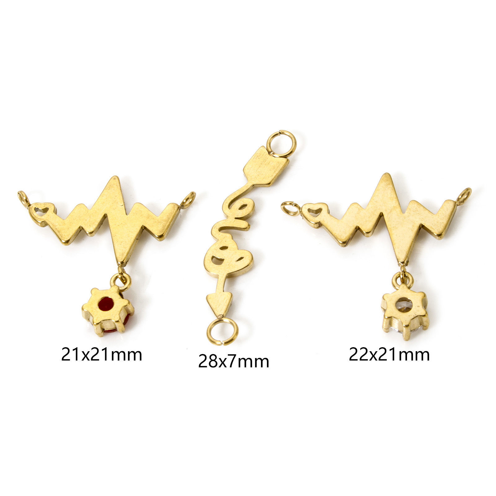 Picture of Eco-friendly Vacuum Plating 304 Stainless Steel Valentine's Day Connectors Charms Pendants 18K Gold Plated Heartbeat/ Electrocardiogram Arrow Message " LOVE " Clear Rhinestone