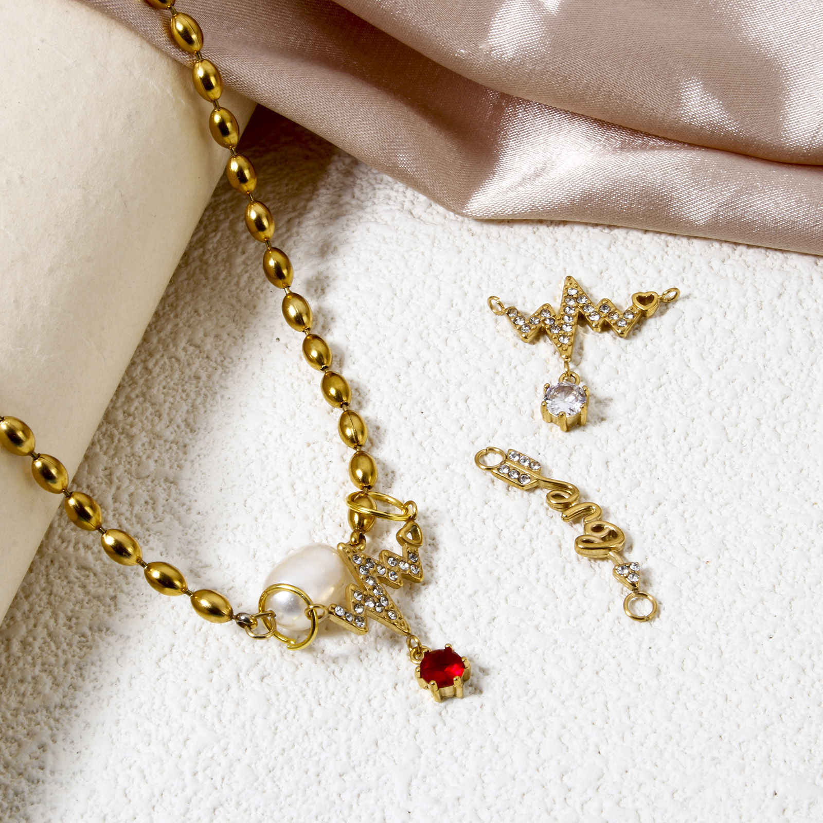 Picture of Eco-friendly Vacuum Plating 304 Stainless Steel Valentine's Day Connectors Charms Pendants 18K Gold Plated Heartbeat/ Electrocardiogram Arrow Message " LOVE " Clear Rhinestone