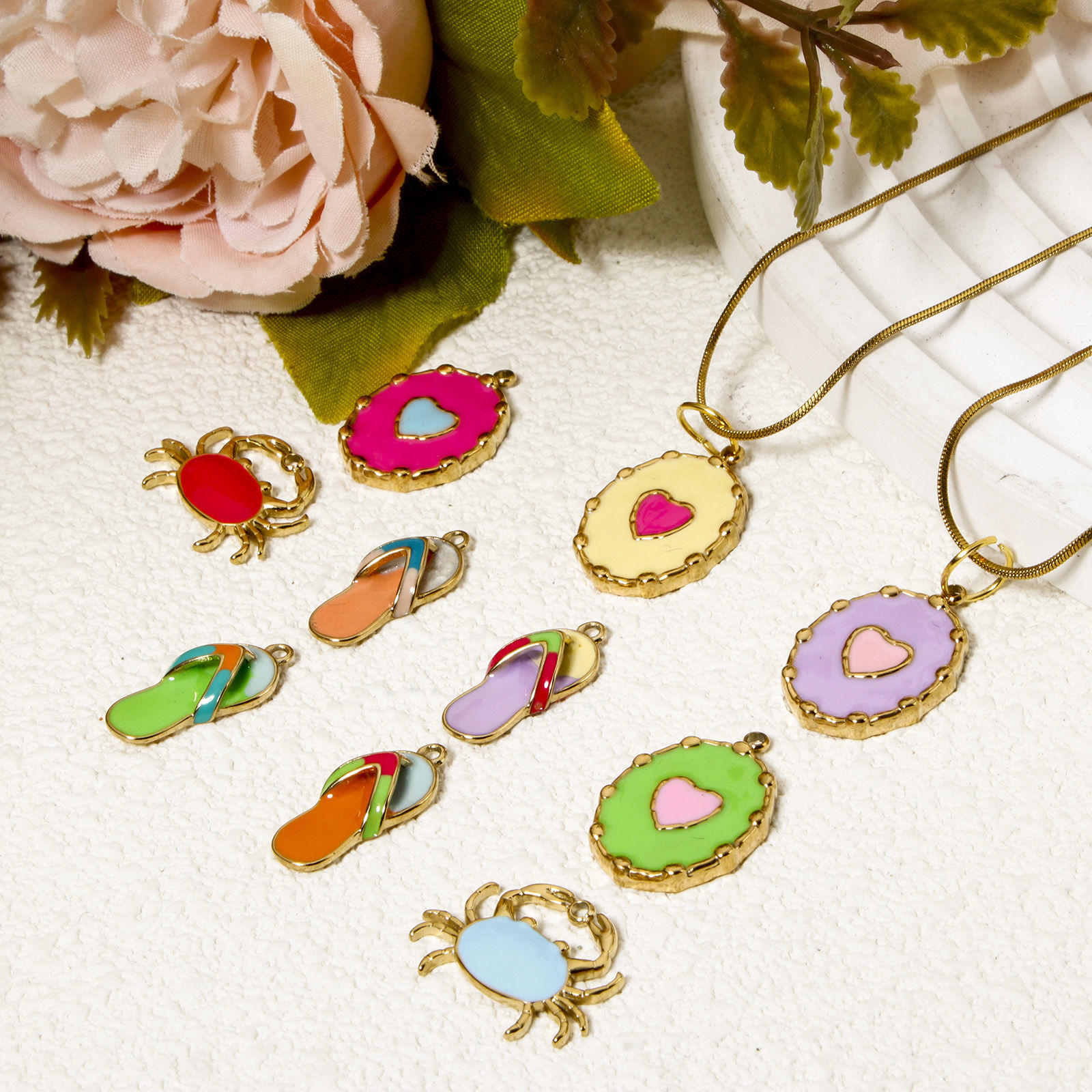 Bild von Umweltfreundliche PVD-Vakuumbeschichtung 304 Edelstahl Charms Flip-Flops 14K Echtgold plattiert Emaille Bunt Krabbe
