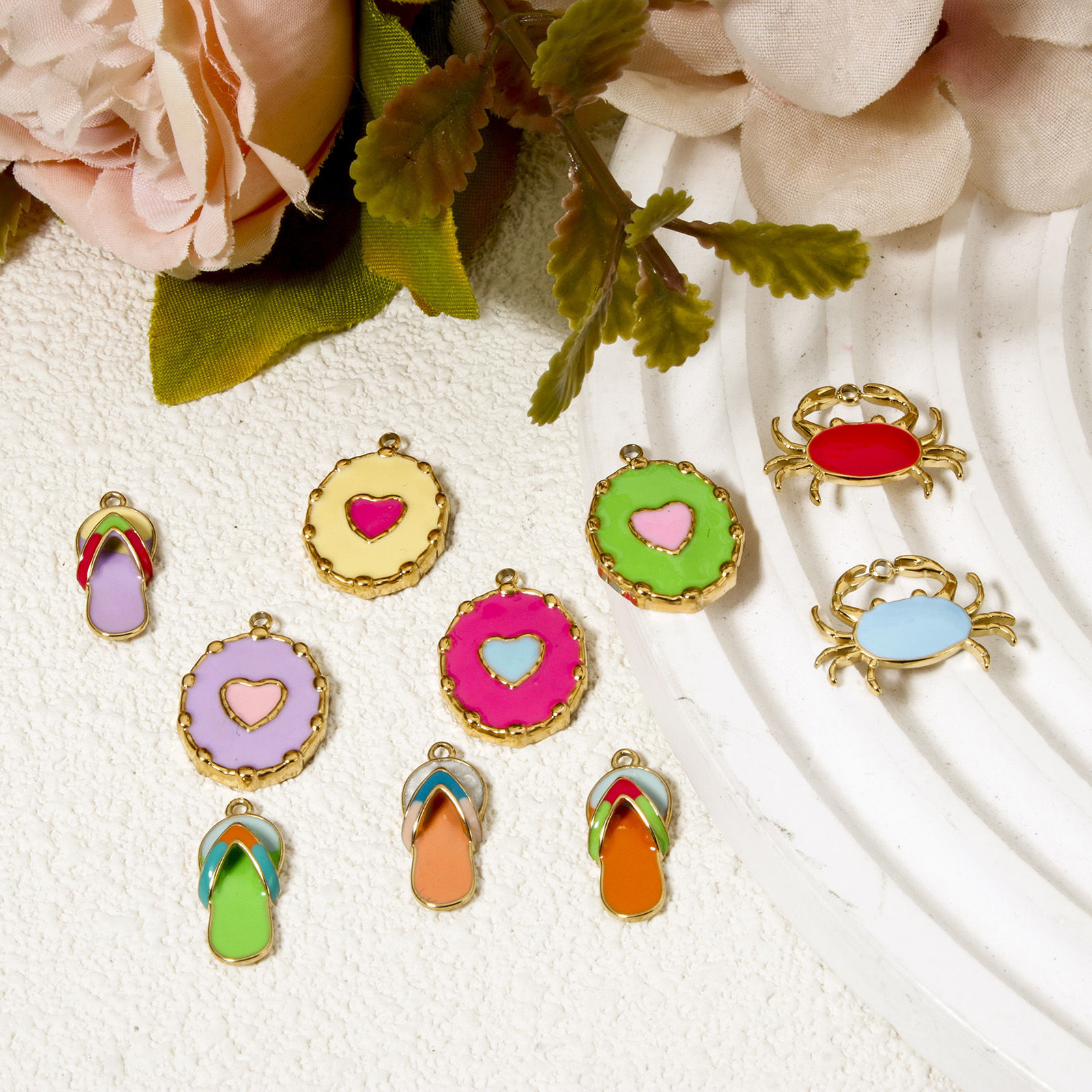 Bild von Umweltfreundliche PVD-Vakuumbeschichtung 304 Edelstahl Charms Flip-Flops 14K Echtgold plattiert Emaille Bunt Krabbe