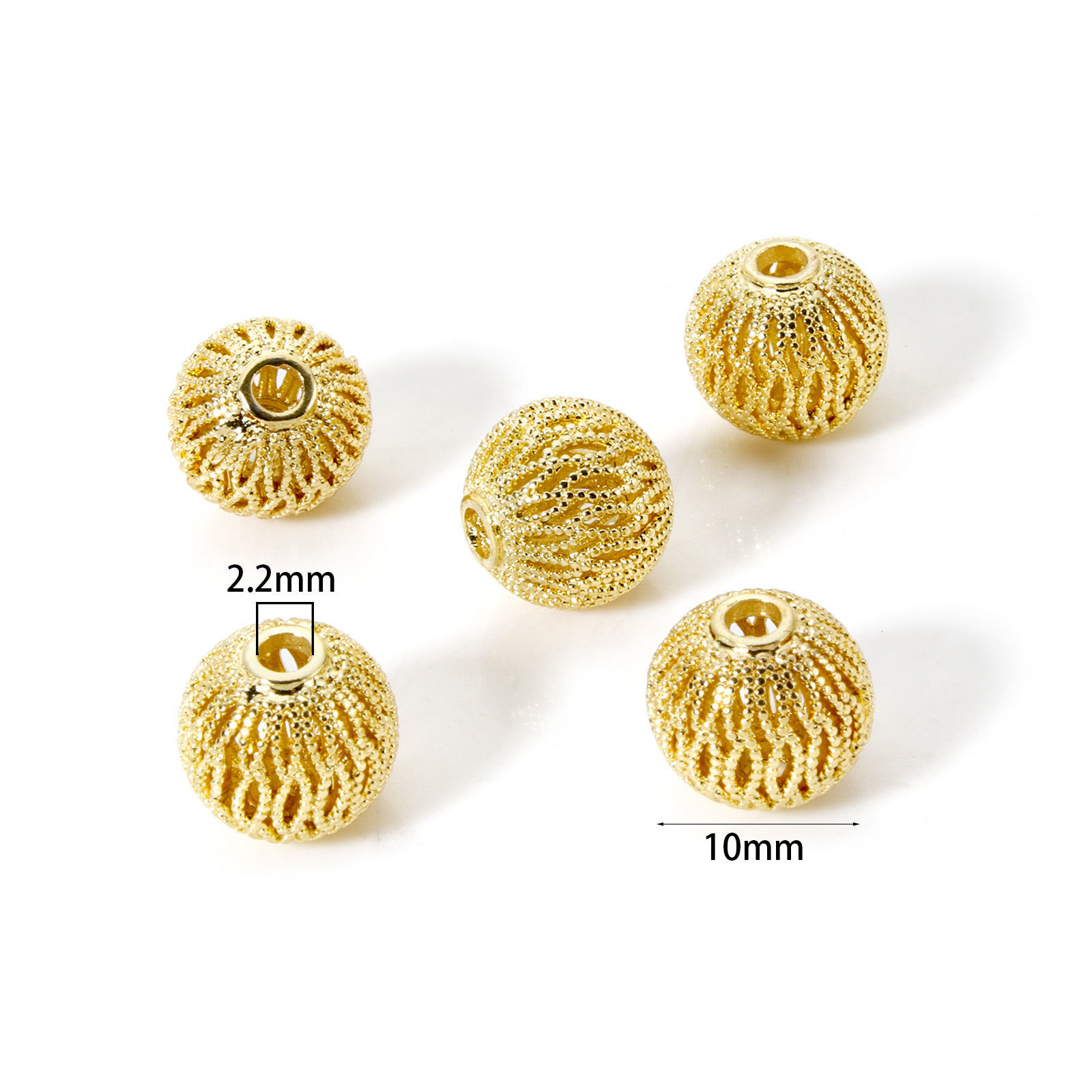 Picture of Eco-friendly Brass Beads For DIY Jewelry Making Real Gold Plated Round Texture Hollow 10mm Dia., Hole: Approx 2.2mm