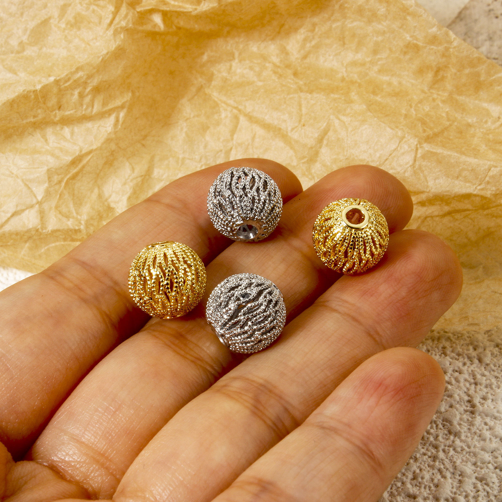 Picture of Eco-friendly Brass Beads For DIY Jewelry Making Real Gold Plated Round Texture Hollow 10mm Dia., Hole: Approx 2.2mm