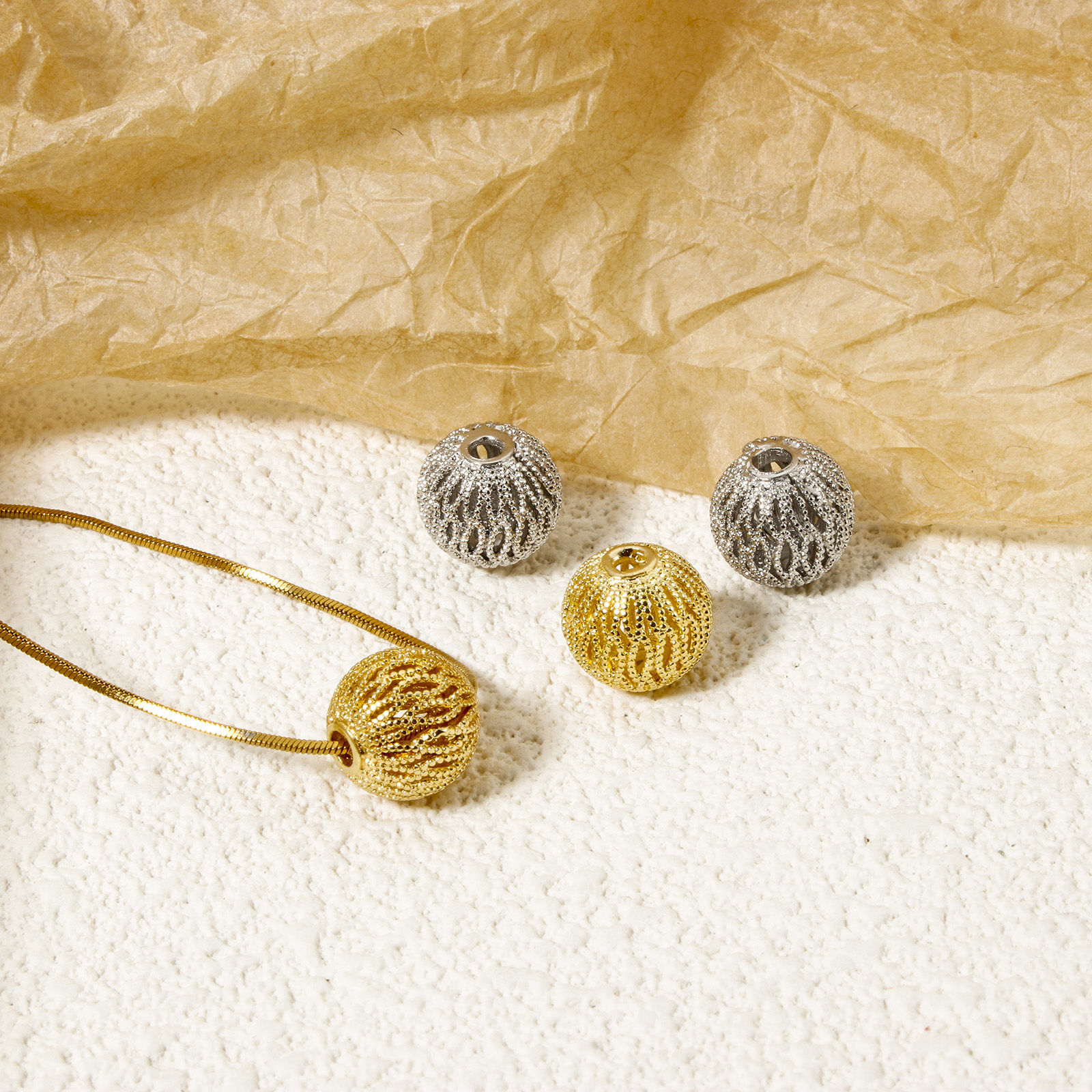 Picture of Eco-friendly Brass Beads For DIY Jewelry Making Real Gold Plated Round Texture Hollow 10mm Dia., Hole: Approx 2.2mm