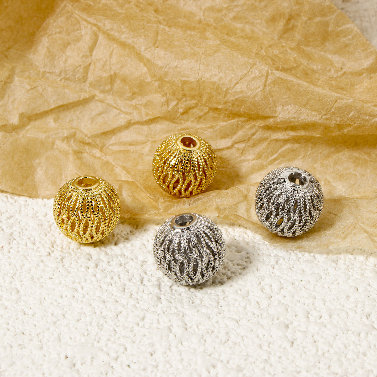 Picture of Eco-friendly Brass Beads For DIY Jewelry Making Real Gold Plated Round Texture Hollow 10mm Dia., Hole: Approx 2.2mm