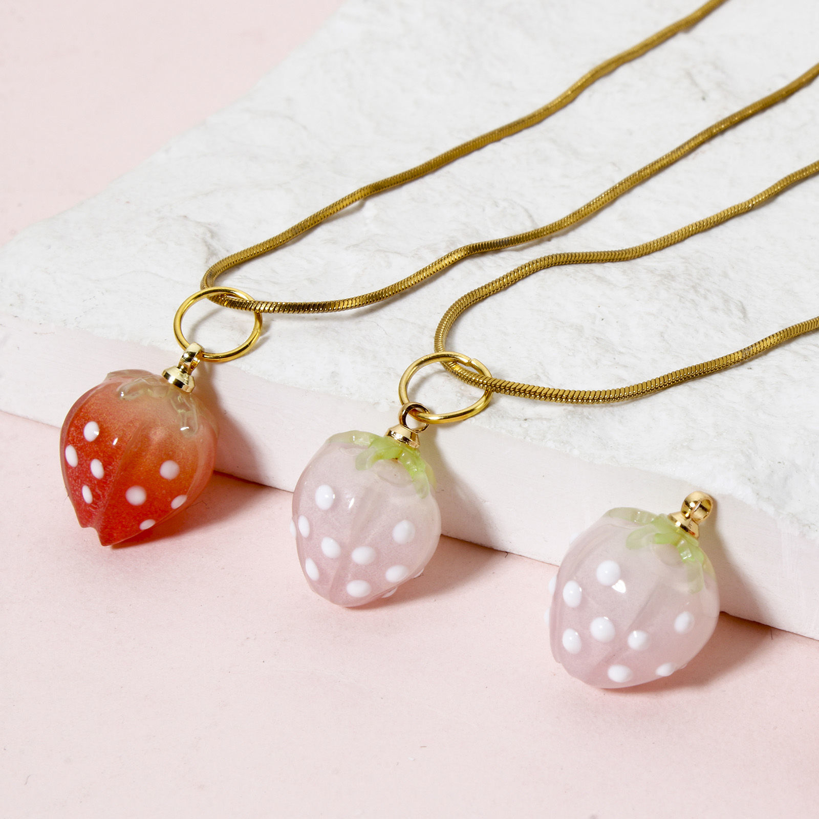 Picture of Brass & Resin Charms Strawberry Fruit 18K Gold Plated Multicolor 3D 17mm x 12mm
