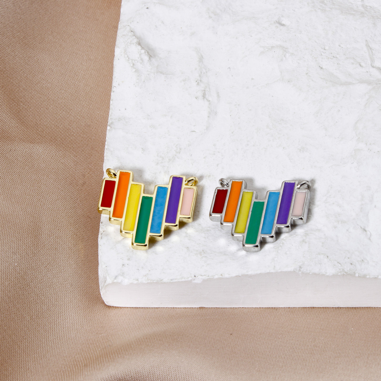 Picture of Brass Valentine's Day Connectors Charms Pendants Multicolor Multicolor Heart Stripe Enamel 17mm x 15mm
