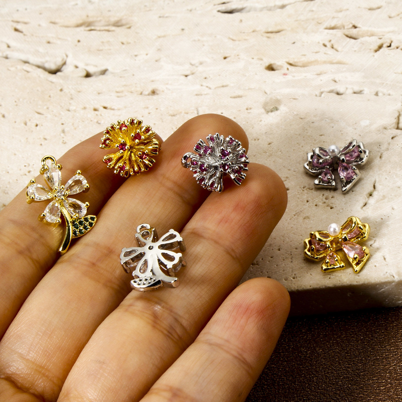 Picture of Brass Charms Flower Bowknot Multicolour Cubic Zirconia