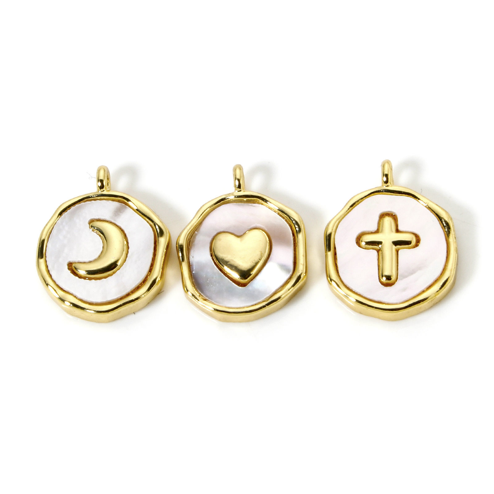 Picture of Natural Shell & Brass Charms 18K Gold Plated White Round Disc 15mm x 12mm