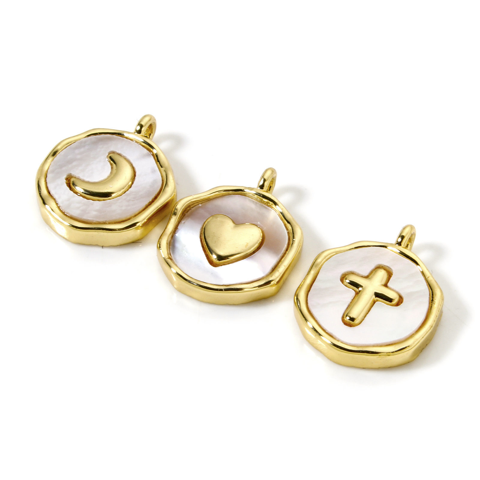 Picture of Natural Shell & Brass Charms 18K Gold Plated White Round Disc 15mm x 12mm