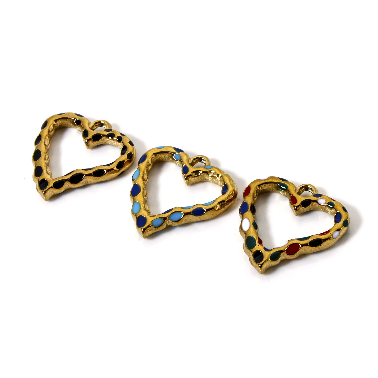 Picture of Eco-friendly Vacuum Plating 304 Stainless Steel Valentine's Day Charms 18K Gold Plated Enamel Heart Hollow 21mm x 20mm