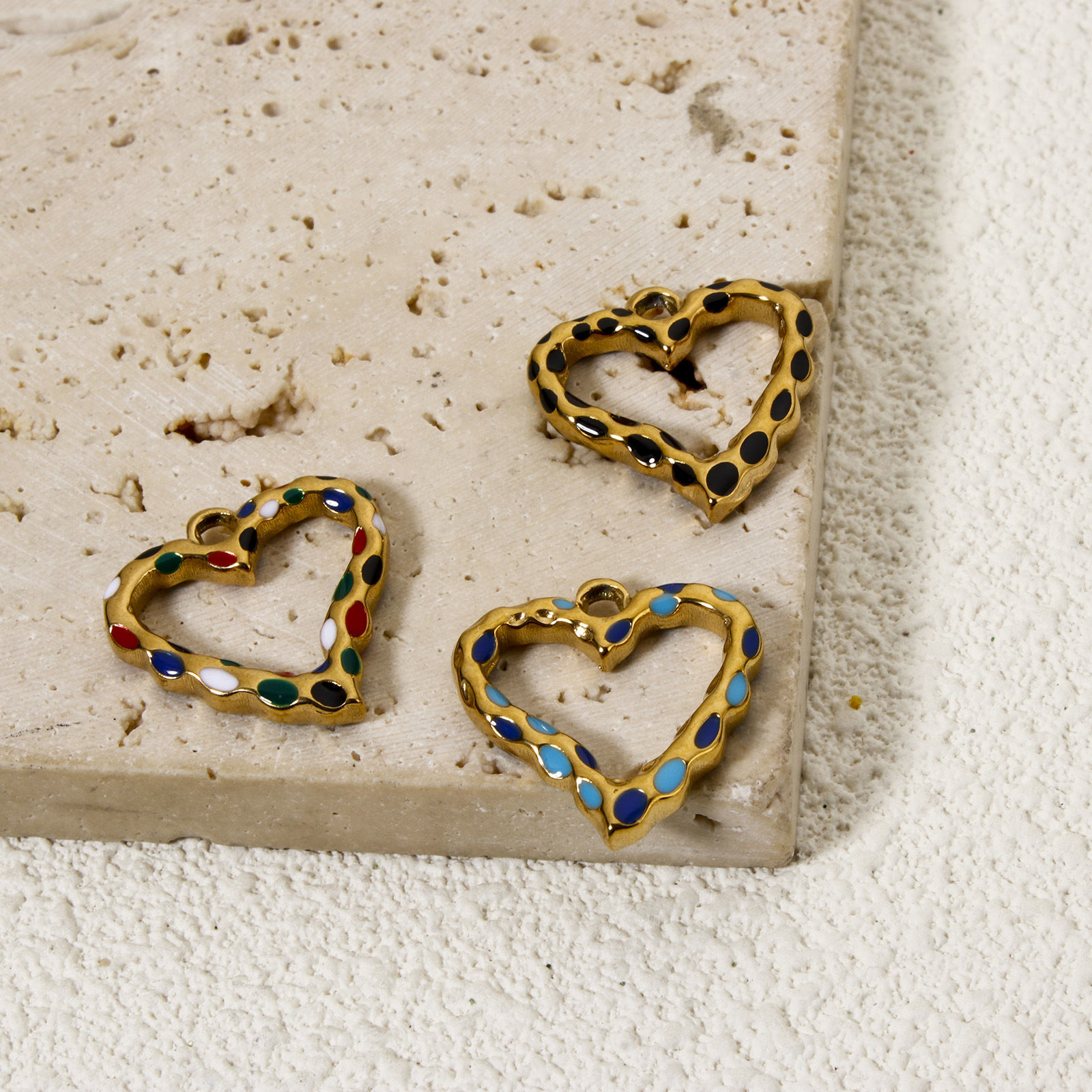 Picture of Eco-friendly Vacuum Plating 304 Stainless Steel Valentine's Day Charms 18K Gold Plated Enamel Heart Hollow 21mm x 20mm