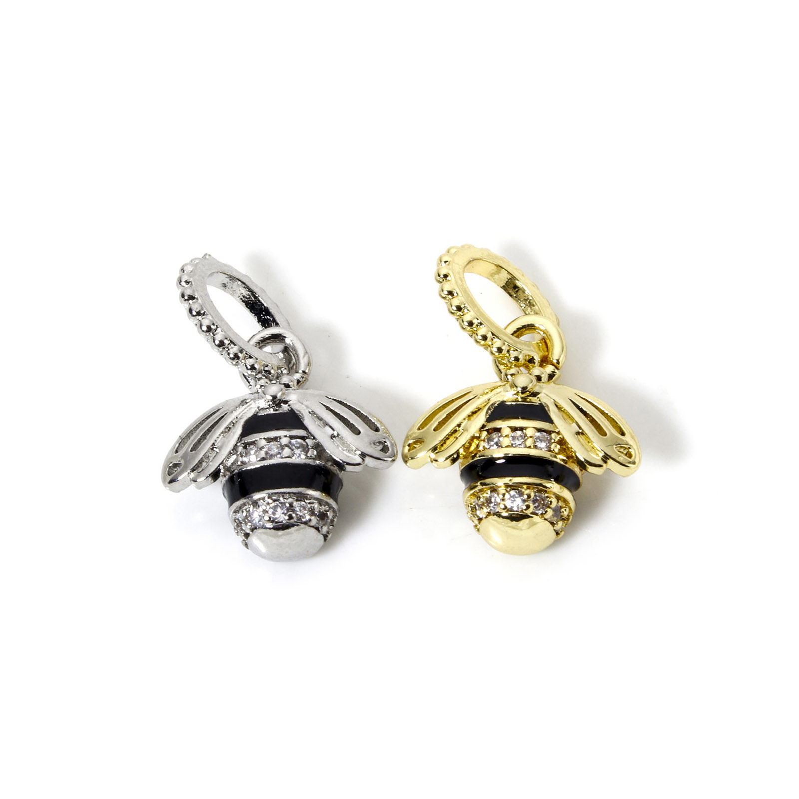 Picture of Brass Insect Charms Multicolor Black Enamel Bee Animal 3D Clear Cubic Zirconia 19mm x 12.5mm