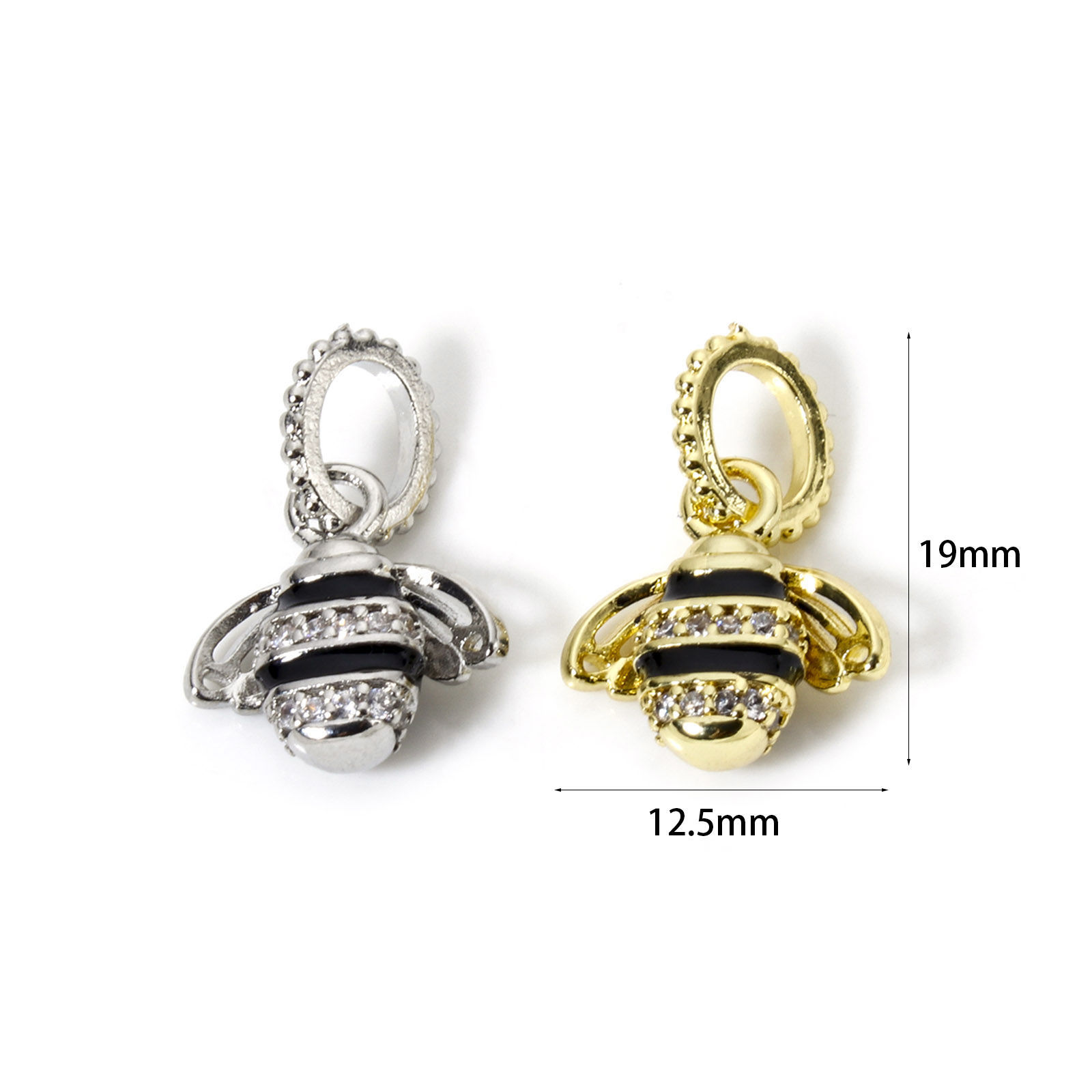 Picture of Brass Insect Charms Multicolor Black Enamel Bee Animal 3D Clear Cubic Zirconia 19mm x 12.5mm