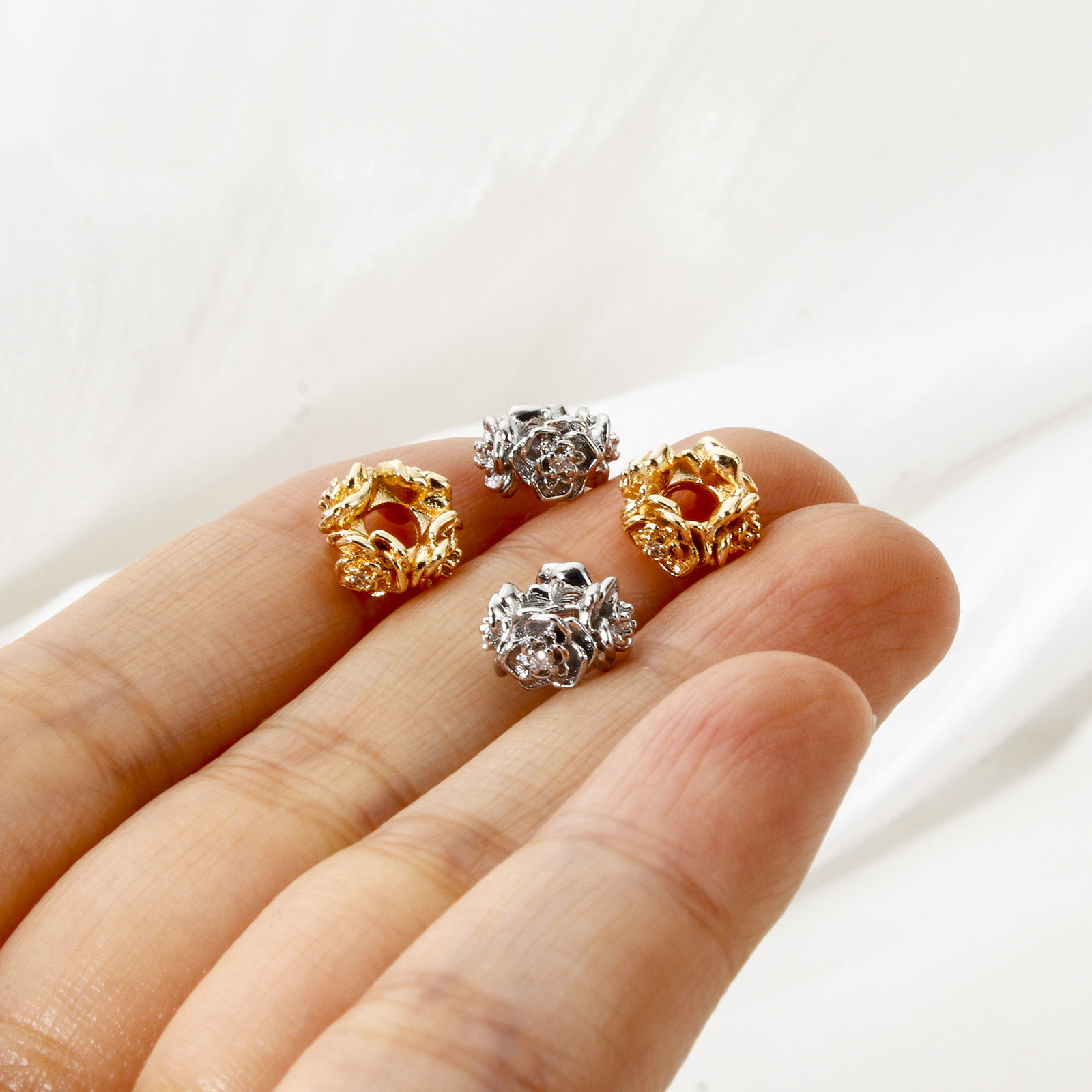 Picture of Eco-friendly Brass Spacer Beads For DIY Bracelet Jewelry Making Findings Real Gold Plated Flower Micro Pave Clear Cubic Zirconia 9mm x 9mm, Hole: Approx 3mm