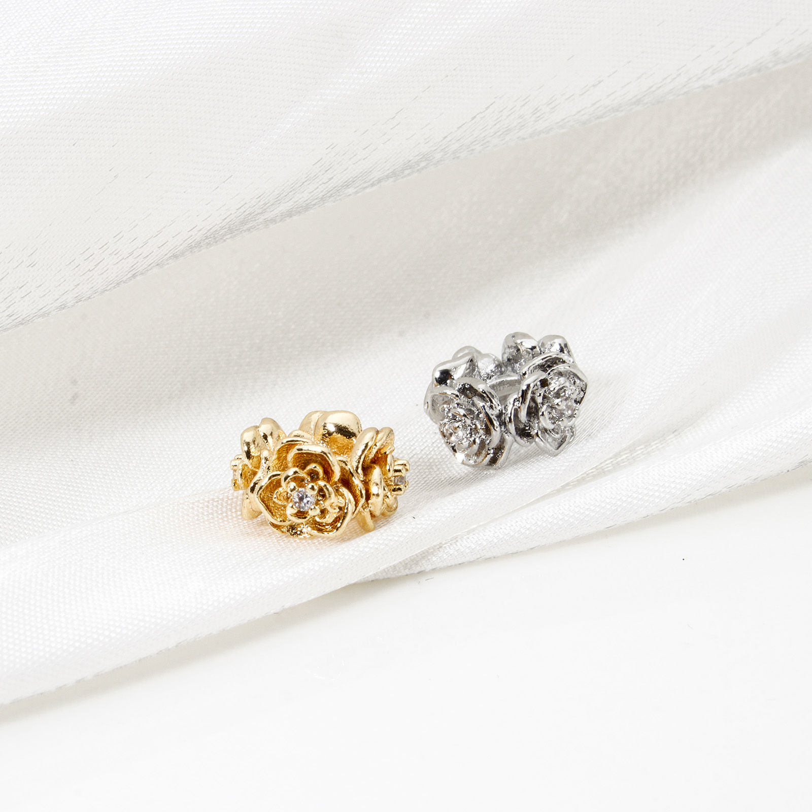 Picture of Eco-friendly Brass Spacer Beads For DIY Bracelet Jewelry Making Findings Real Gold Plated Flower Micro Pave Clear Cubic Zirconia 9mm x 9mm, Hole: Approx 3mm