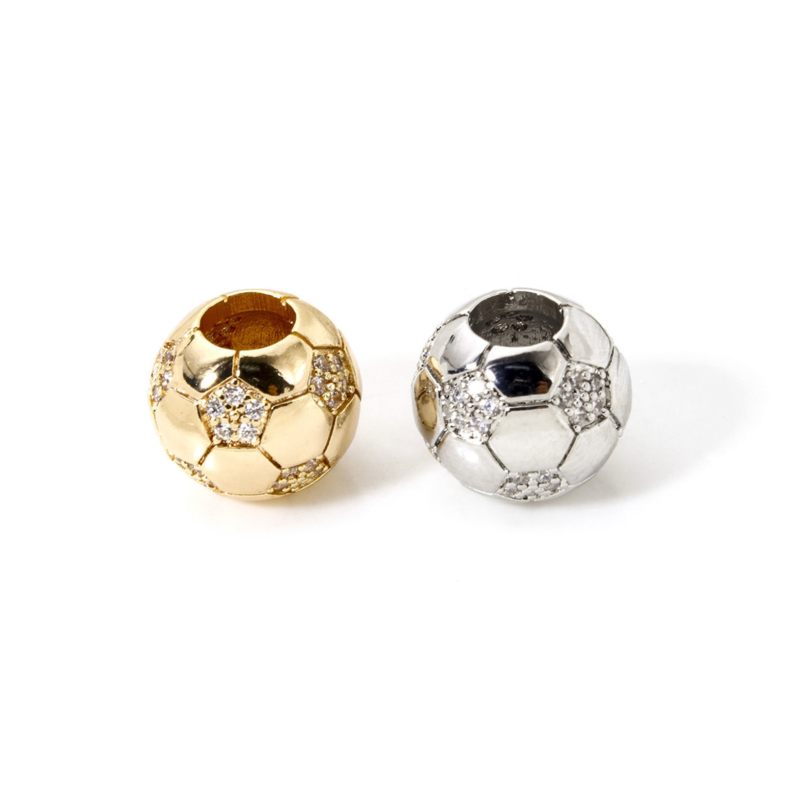 Picture of Eco-friendly Brass Sport Beads For DIY Jewelry Making Real Gold Plated Football Micro Pave Clear Cubic Zirconia 12mm Dia., Hole: Approx 5mm