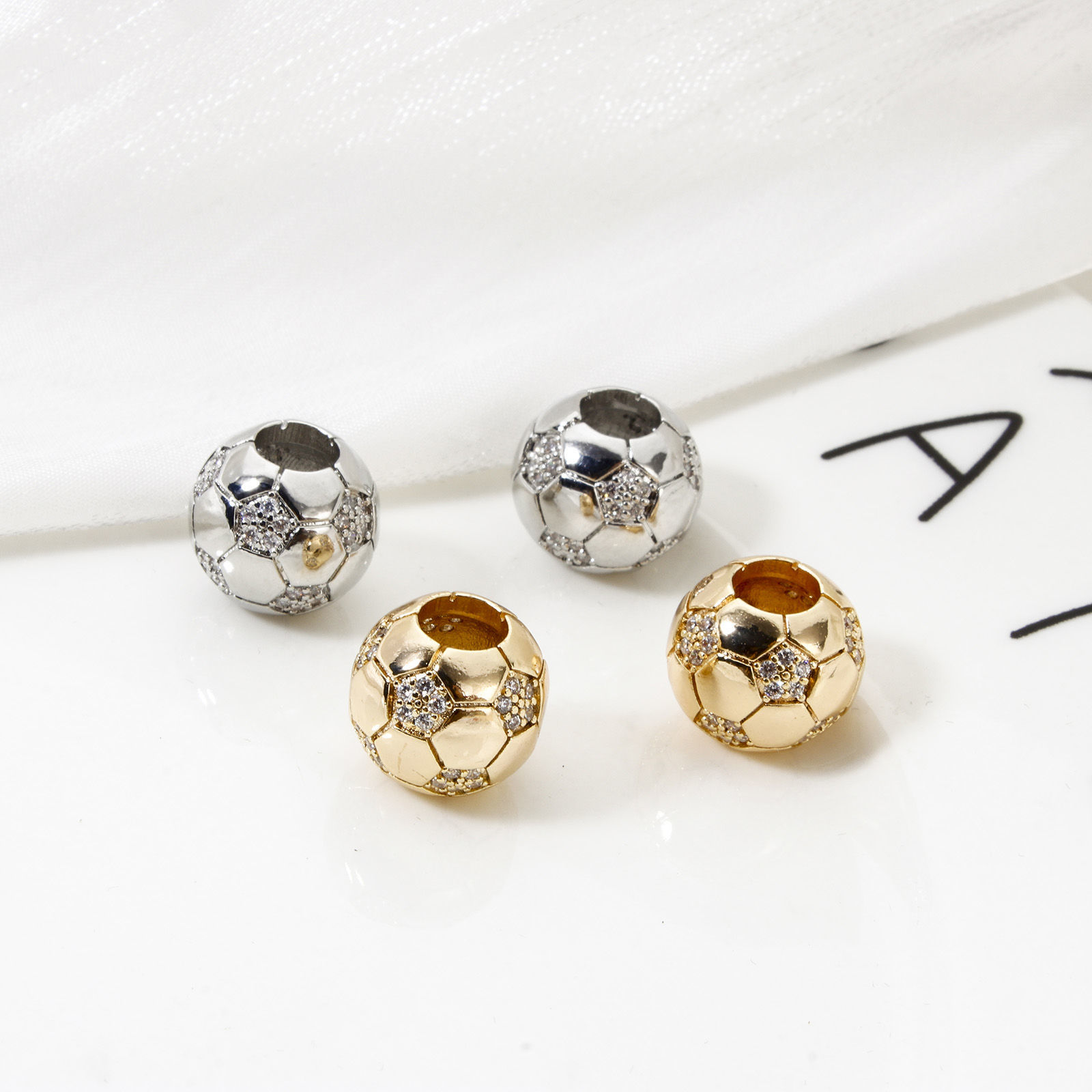 Picture of Eco-friendly Brass Sport Beads For DIY Jewelry Making Real Gold Plated Football Micro Pave Clear Cubic Zirconia 12mm Dia., Hole: Approx 5mm