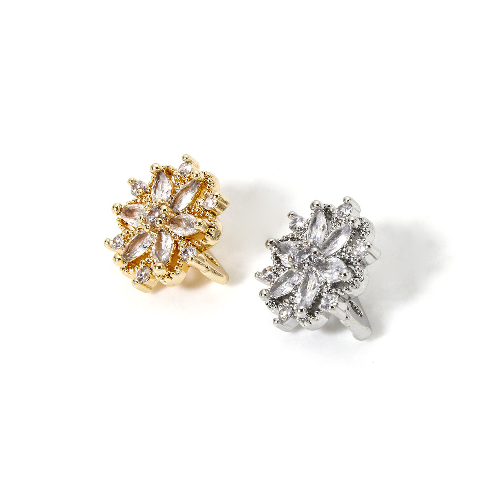 Picture of Eco-friendly Brass Spacer Beads For DIY Bracelet Jewelry Making Findings 3 Holes Real Gold Plated Flower Clear Cubic Zirconia 13mm x 12mm, Hole: Approx 1.4mm