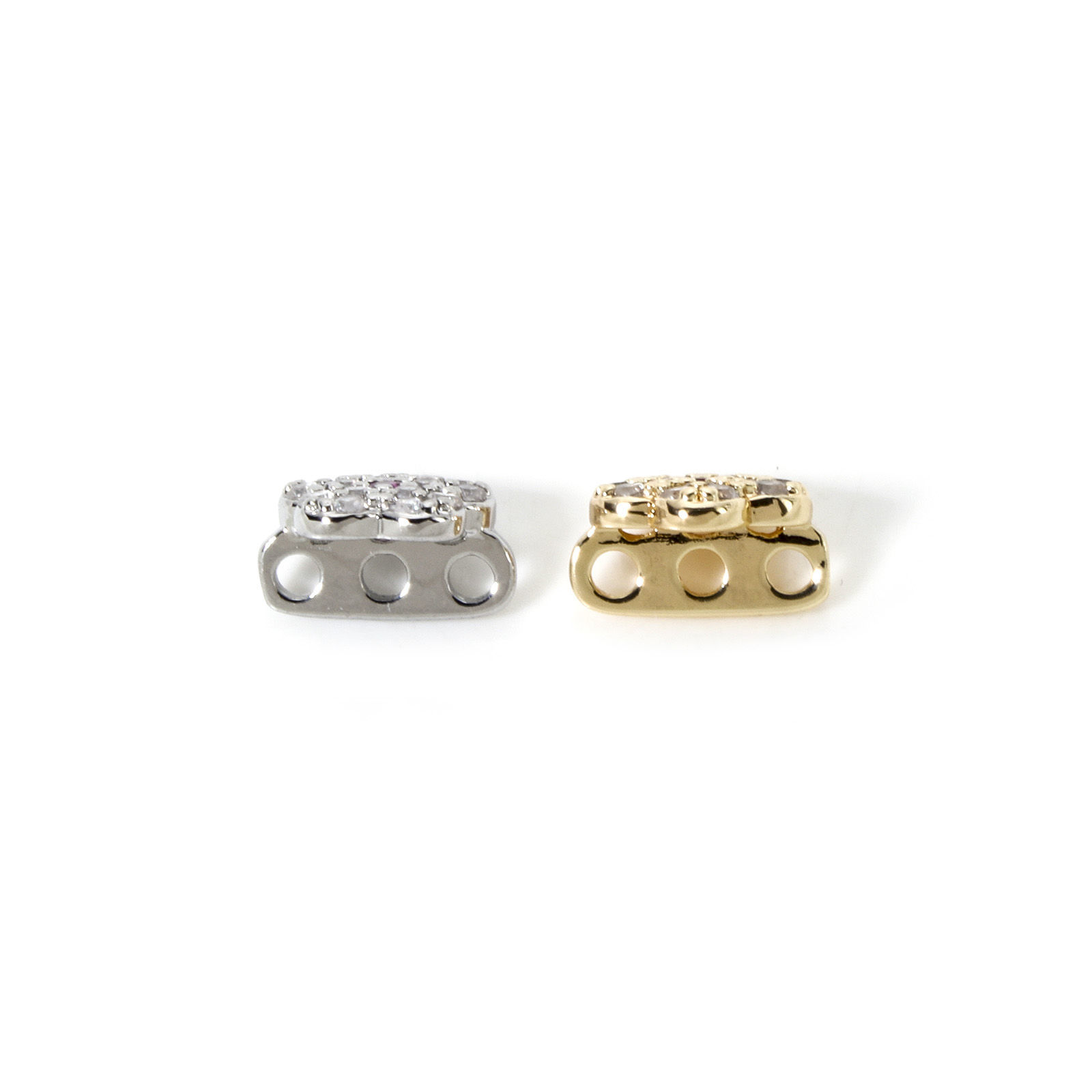 Picture of Eco-friendly Brass Spacer Beads For DIY Bracelet Jewelry Making Findings 3 Holes Real Gold Plated Flower Clear Cubic Zirconia 10mm x 8mm, Hole: Approx 1.5mm