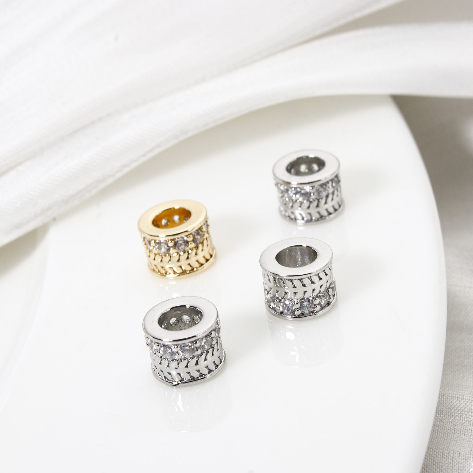 Picture of Brass Spacer Beads For DIY Bracelet Jewelry Making Findings Real Gold Plated Cylinder Arrowhead Micro Pave Clear Cubic Zirconia 6.5mm x 5mm, Hole: Approx 3.4mm