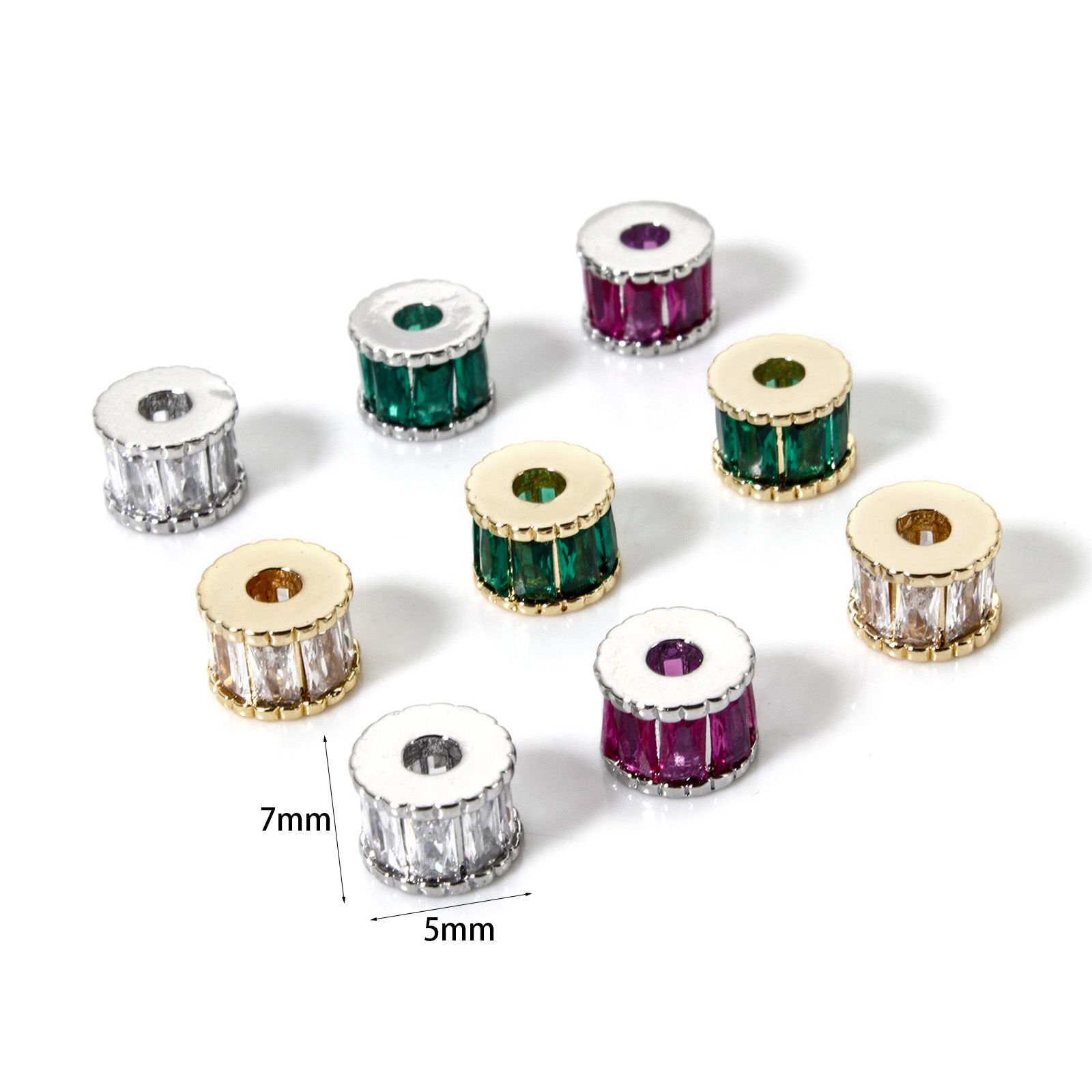 Picture of Eco-friendly Brass Spacer Beads For DIY Bracelet Jewelry Making Findings Real Gold Plated Cylinder Micro Pave 7mm Dia., 5mm x Hole: Approx 2.2mm