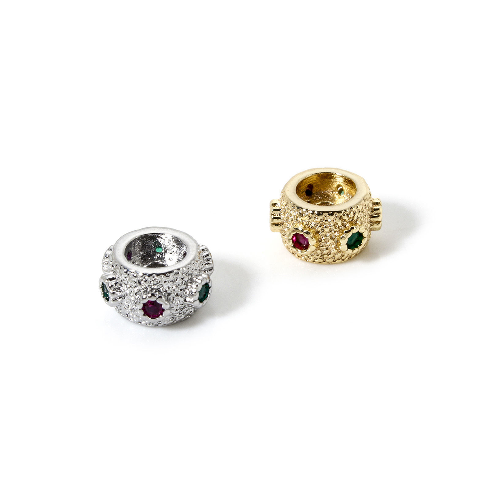 Picture of Eco-friendly Brass Spacer Beads For DIY Bracelet Jewelry Making Findings Real Gold Plated Drum Micro Pave Multicolour Cubic Zirconia 8mm x 4.5mm, Hole: Approx 1.4mm