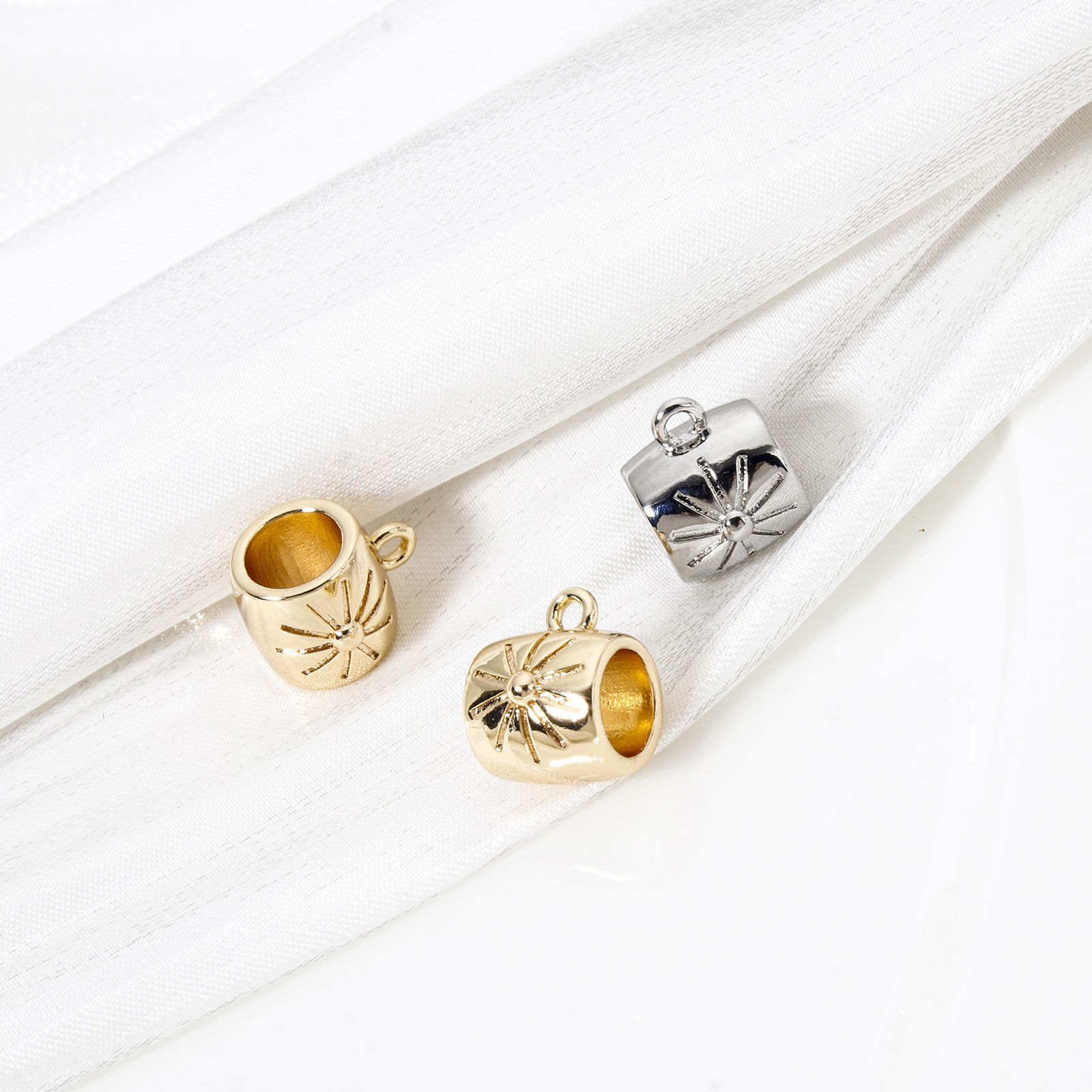 Picture of Eco-friendly Brass Bail Beads With Loop For DIY Jewelry Making Findings Barrel Star Real Gold Plated 10mm x 8mm
