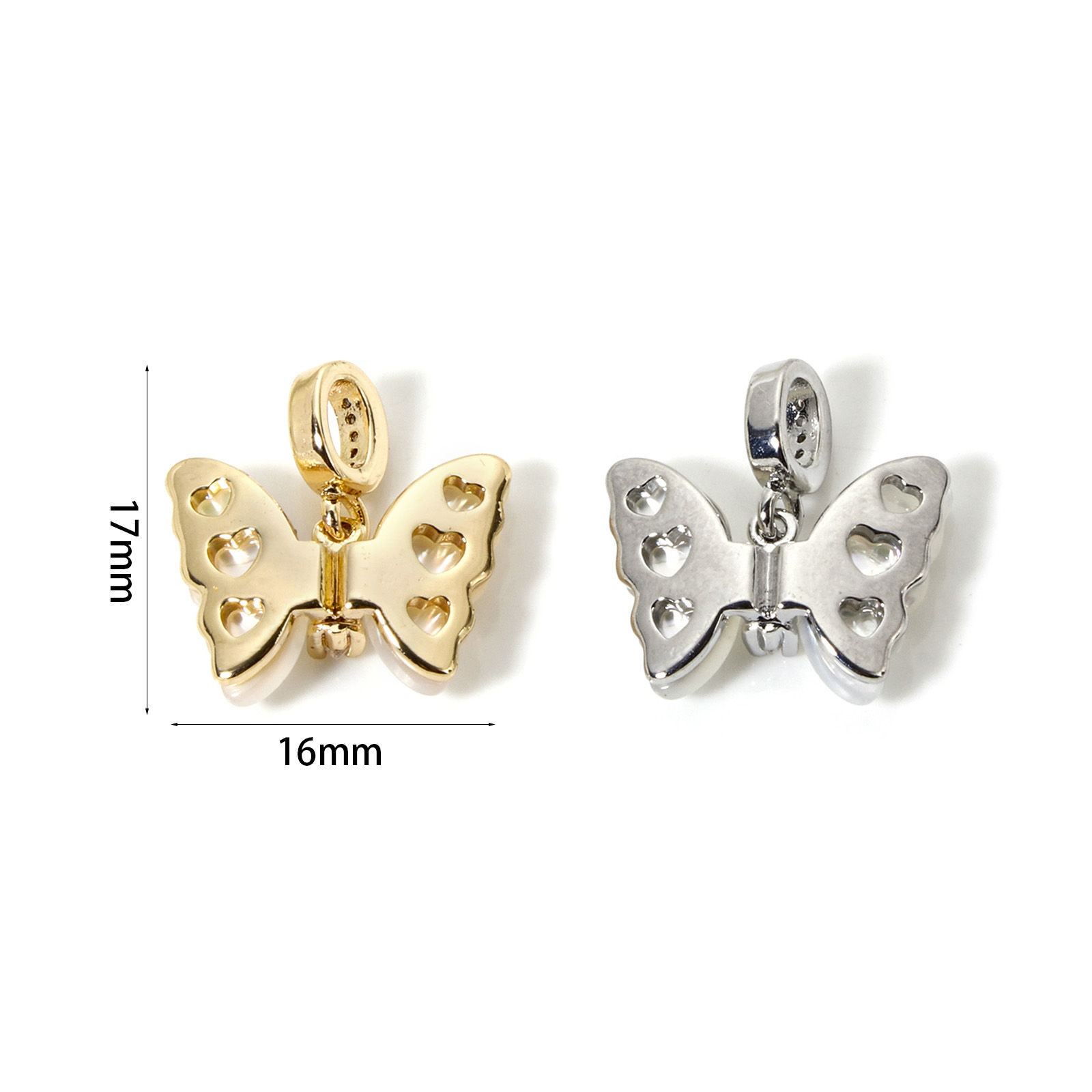 Picture of Eco-friendly Brass Insect Charms Real Gold Plated White Butterfly Animal Imitation Shell Clear Cubic Zirconia 17mm x 16mm