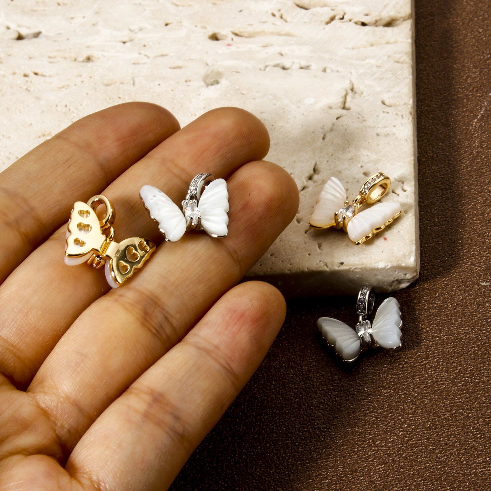Picture of Eco-friendly Brass Insect Charms Real Gold Plated White Butterfly Animal Imitation Shell Clear Cubic Zirconia 17mm x 16mm