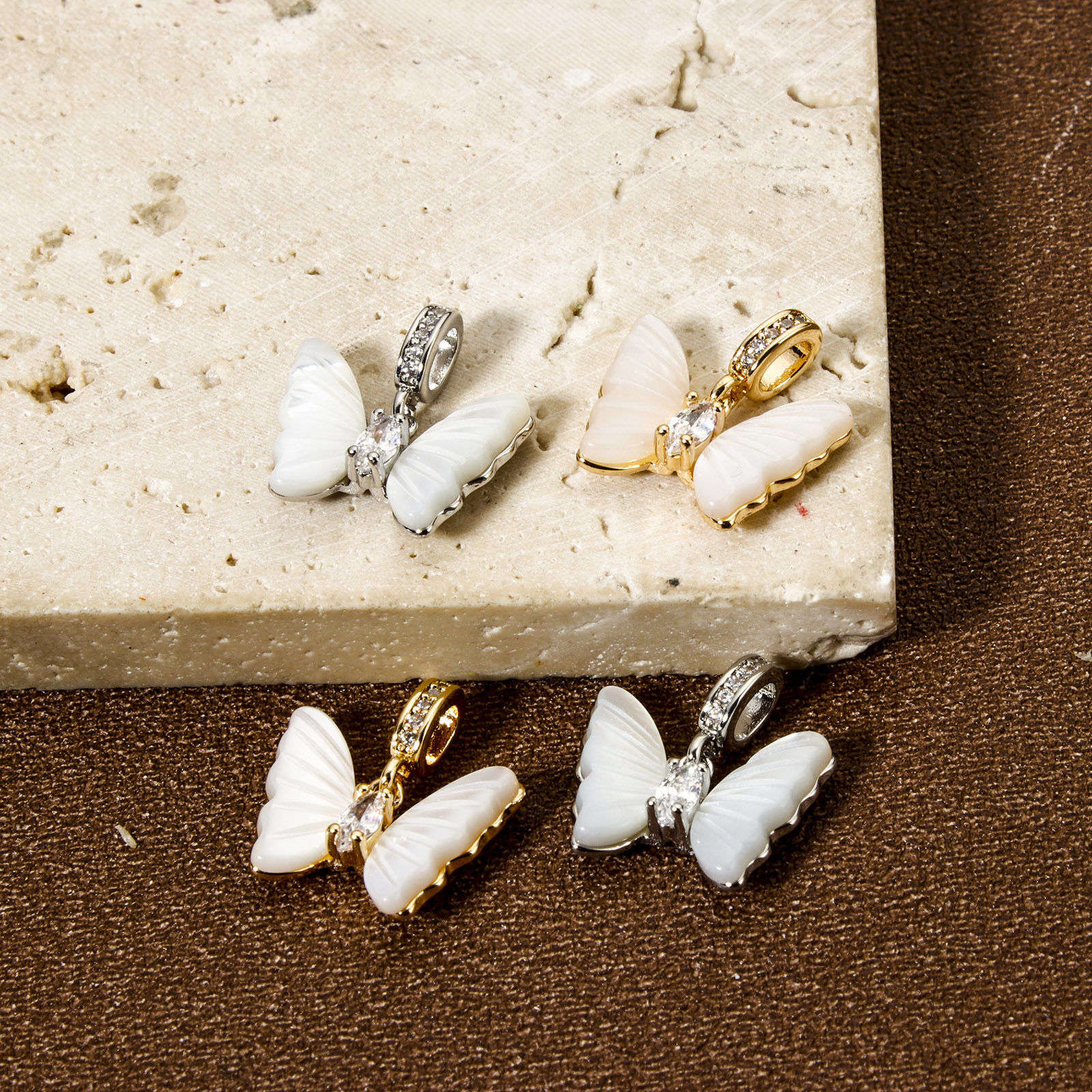 Picture of Eco-friendly Brass Insect Charms Real Gold Plated White Butterfly Animal Imitation Shell Clear Cubic Zirconia 17mm x 16mm