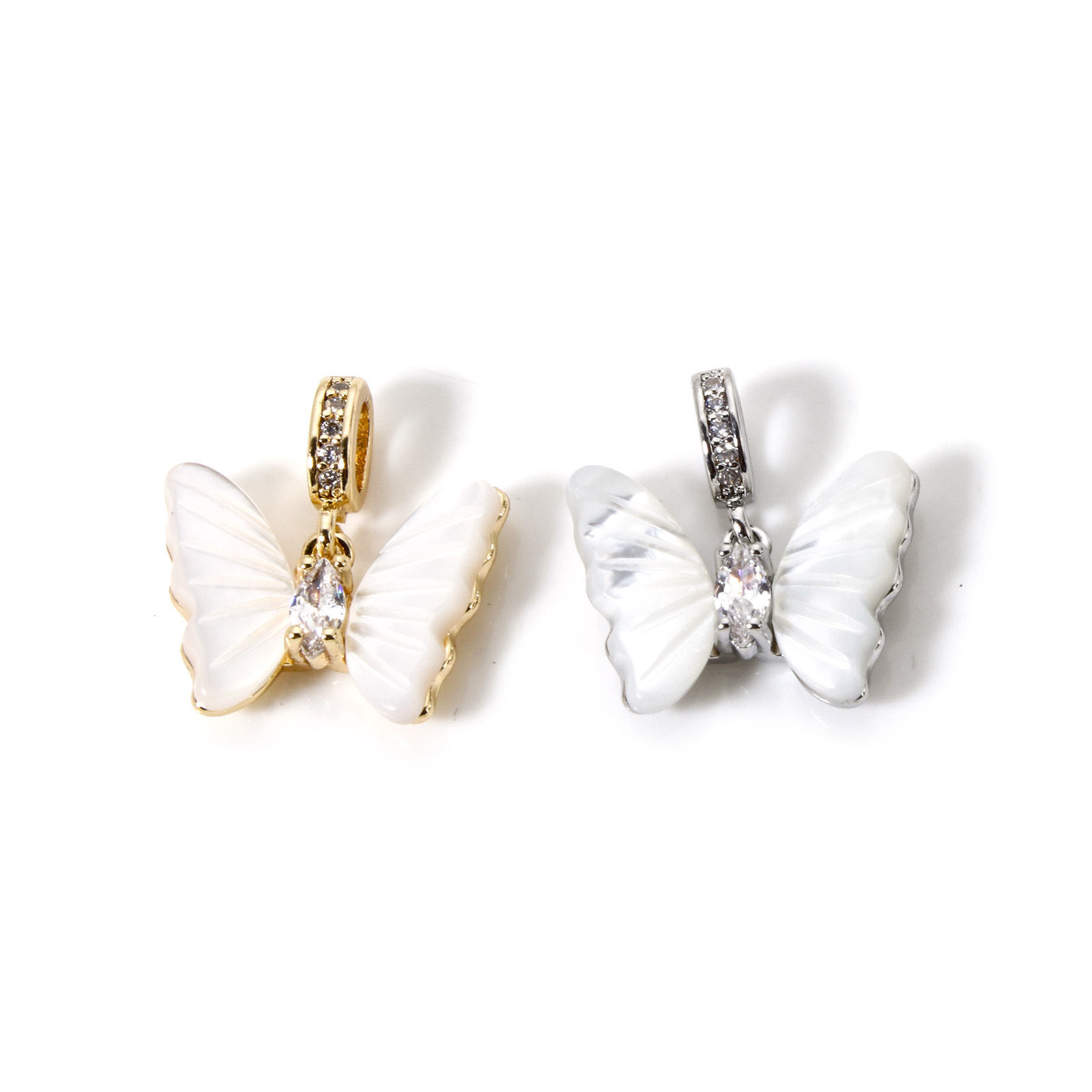 Picture of Eco-friendly Brass Insect Charms Real Gold Plated White Butterfly Animal Imitation Shell Clear Cubic Zirconia 17mm x 16mm