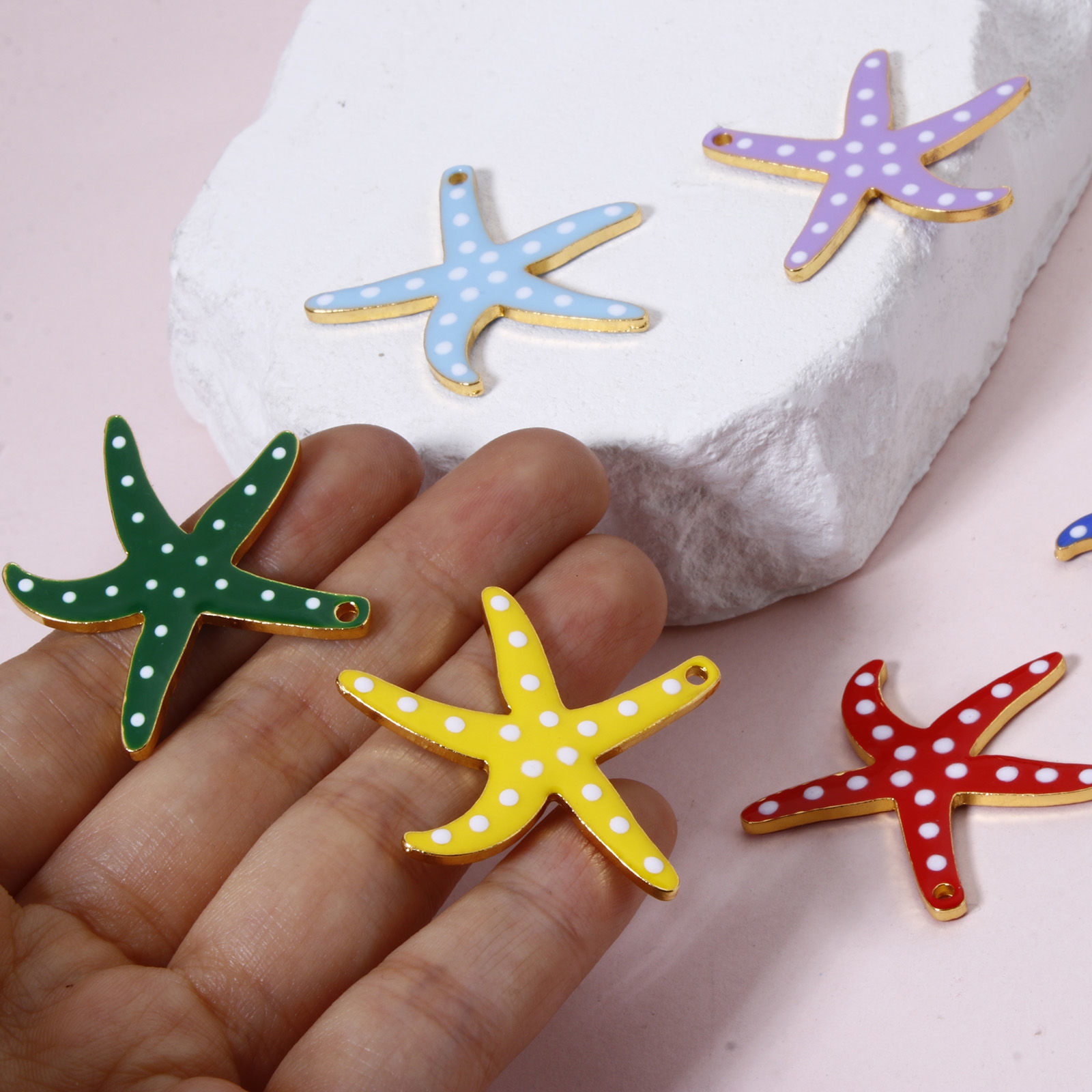 Picture of Zinc Based Alloy Ocean Jewelry Pendants Gold Plated Multicolor Star Fish Dot Double-sided Enamelled Sequins 3.7cm x 3.5cm