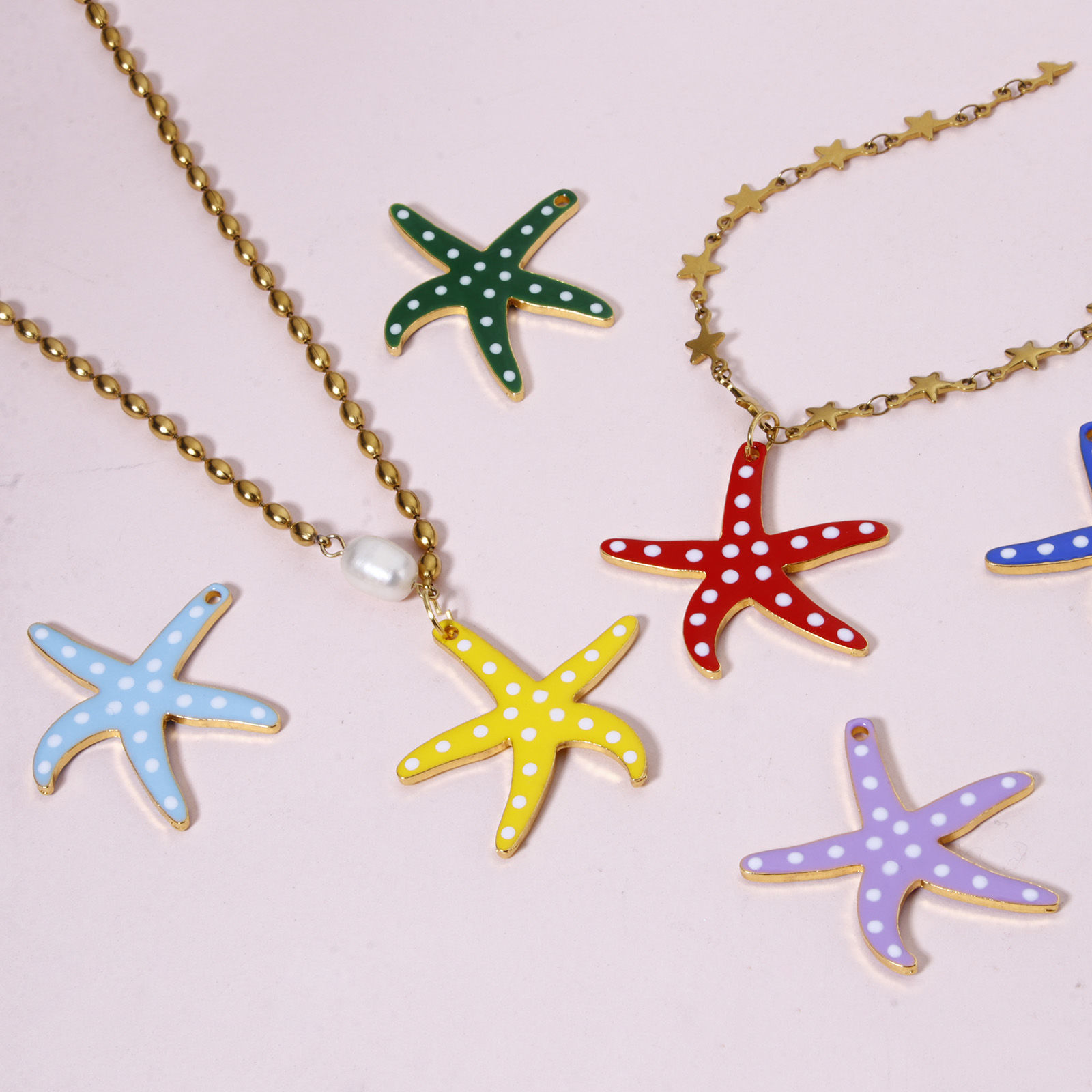 Picture of Zinc Based Alloy Ocean Jewelry Pendants Gold Plated Multicolor Star Fish Dot Double-sided Enamelled Sequins 3.7cm x 3.5cm