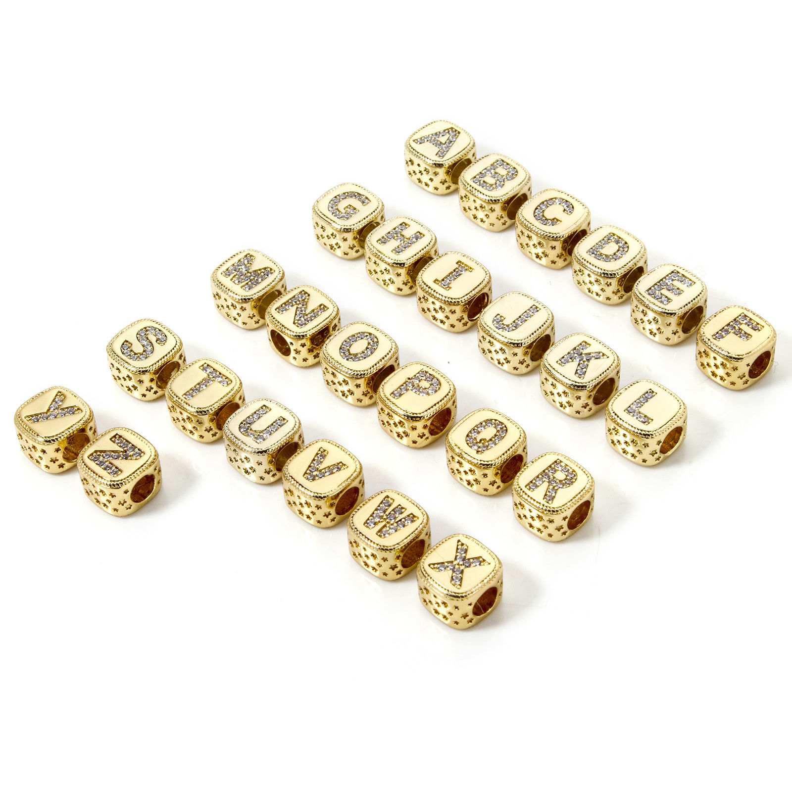 Picture of Eco-friendly Brass Beads For DIY Jewelry Making 18K Real Gold Plated Cube Capital Alphabet Initial Letter Micro Pave Clear Cubic Zirconia 9mm x 9mm, Hole: Approx 3.8mm