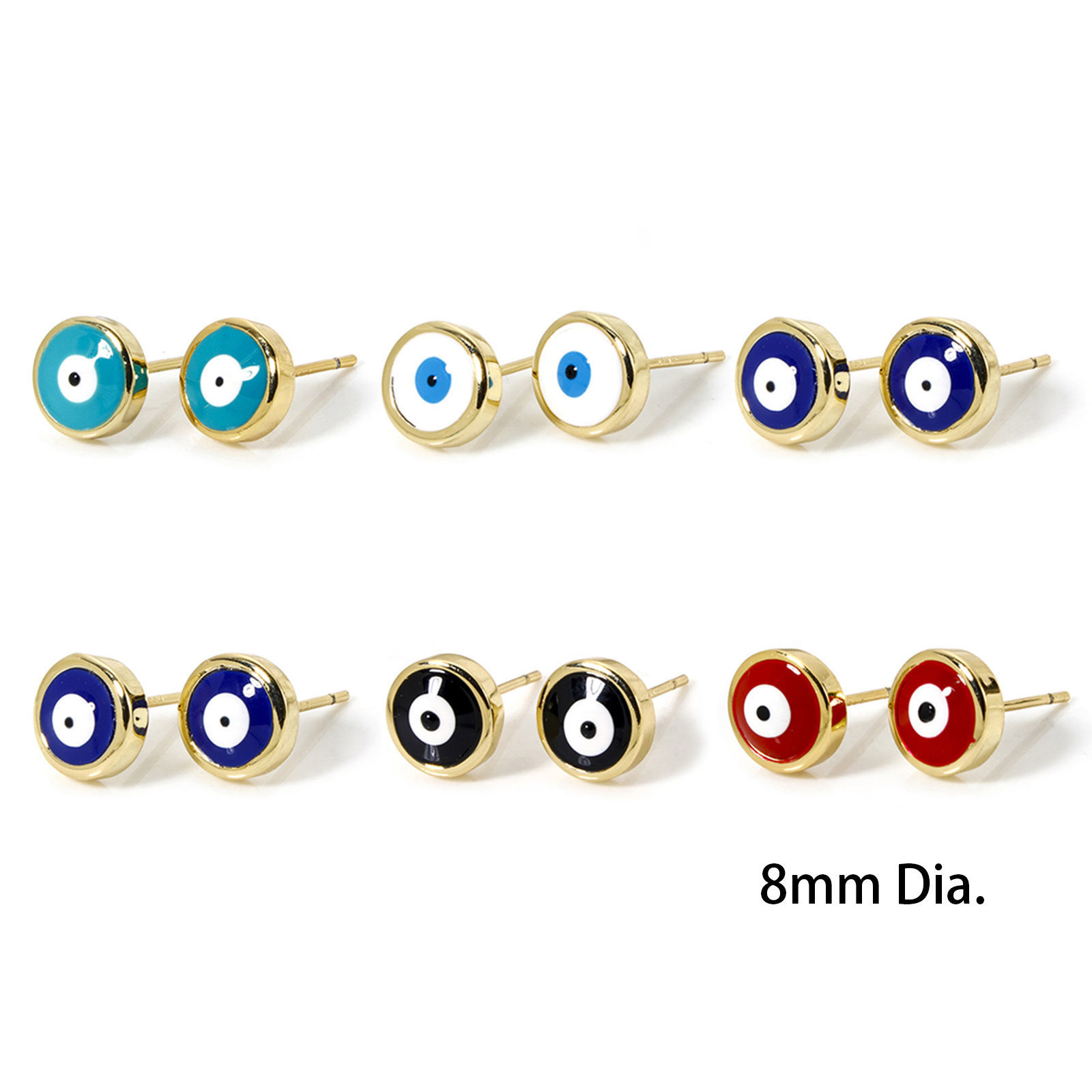 Picture of Eco-friendly Stylish Religious 18K Real Gold Plated Brass Evil Eye Enamel Ear Post Stud Earrings For Women Party 8mm Dia., Post/ Wire Size: 0.7mm