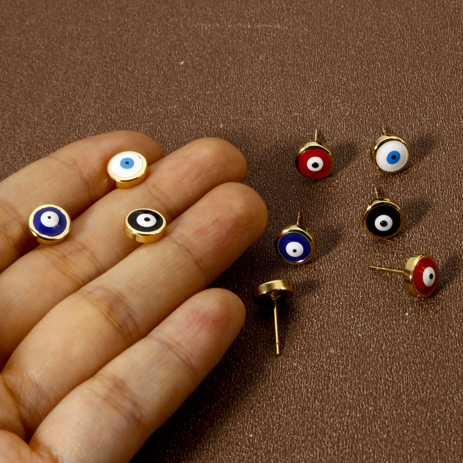 Picture of Eco-friendly Stylish Religious 18K Real Gold Plated Brass Evil Eye Enamel Ear Post Stud Earrings For Women Party 8mm Dia., Post/ Wire Size: 0.7mm