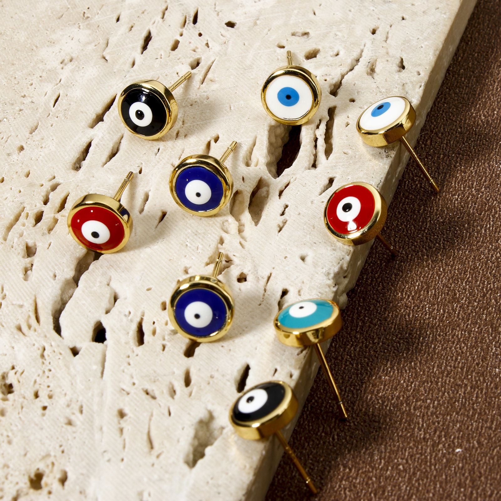 Picture of Eco-friendly Stylish Religious 18K Real Gold Plated Brass Evil Eye Enamel Ear Post Stud Earrings For Women Party 8mm Dia., Post/ Wire Size: 0.7mm