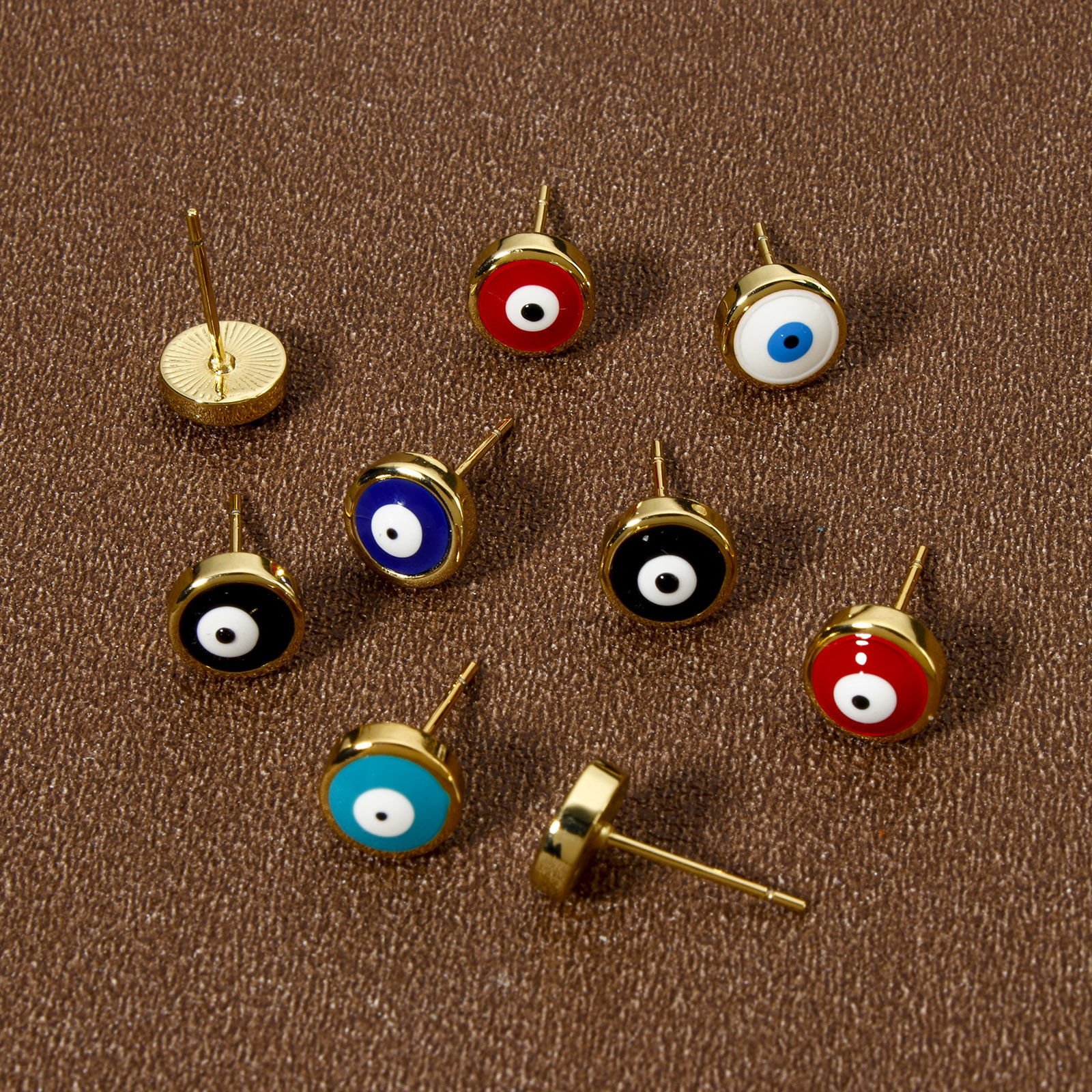 Picture of Eco-friendly Stylish Religious 18K Real Gold Plated Brass Evil Eye Enamel Ear Post Stud Earrings For Women Party 8mm Dia., Post/ Wire Size: 0.7mm